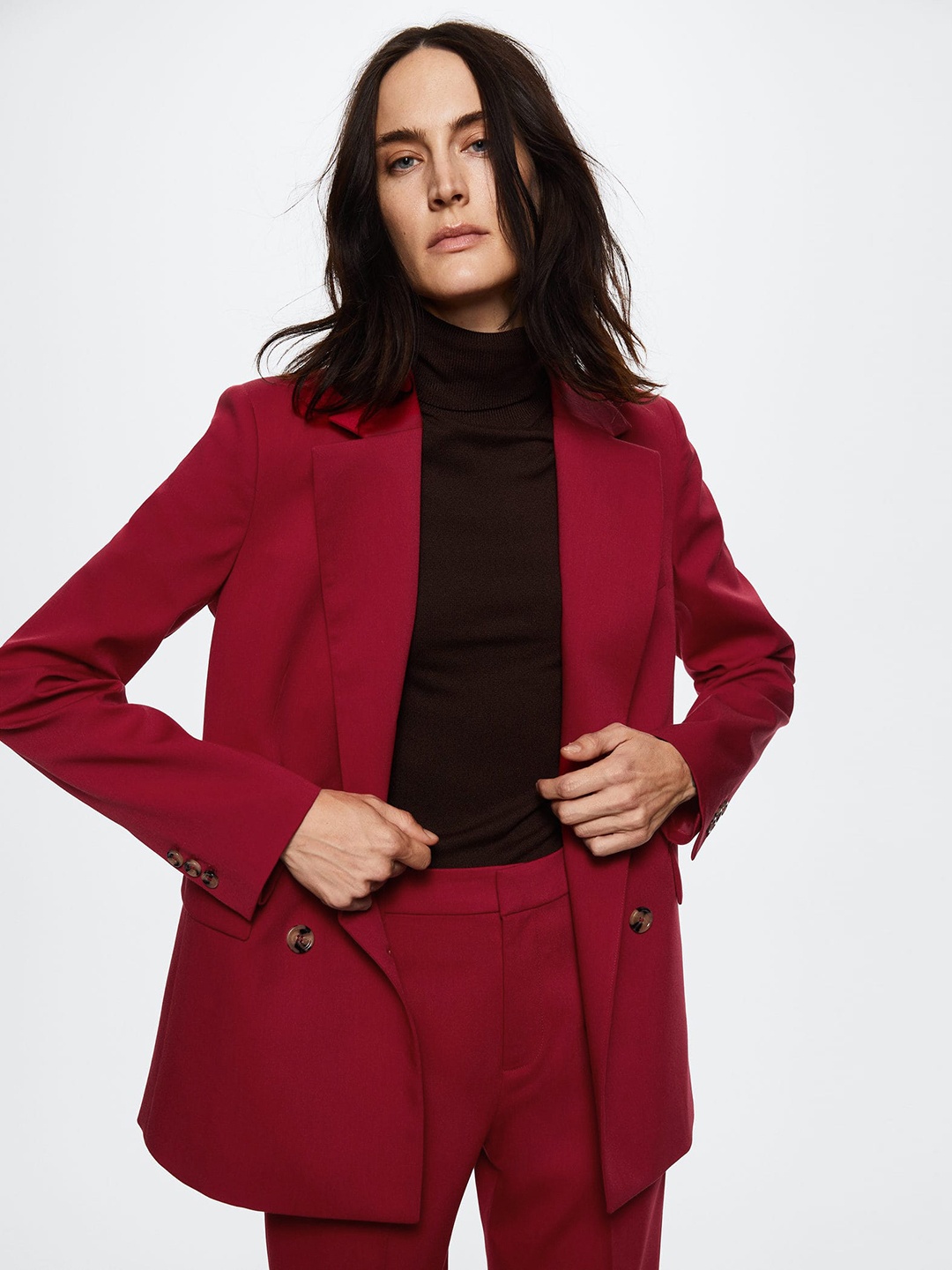 

MANGO Women Red Solid Double-Breasted Regular Fit Blazer