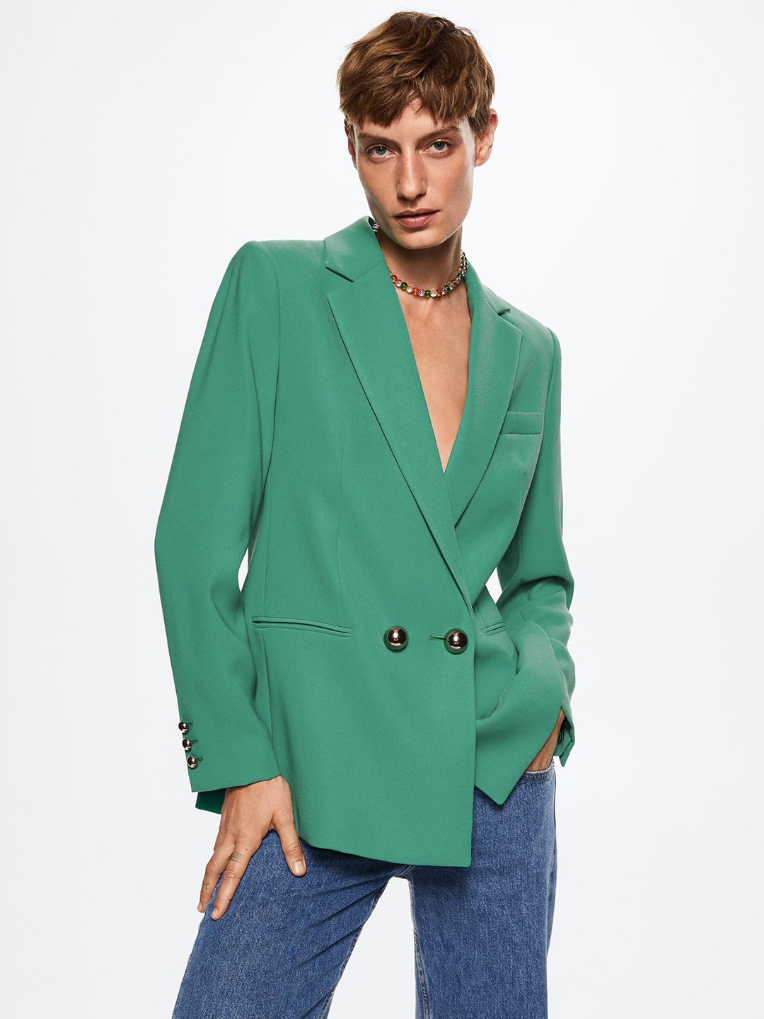 

MANGO Women Green Solid Double-Breasted Regular Fit Blazer