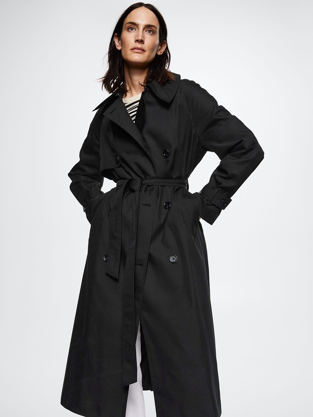 

MANGO Women Black Solid Longline Overcoat