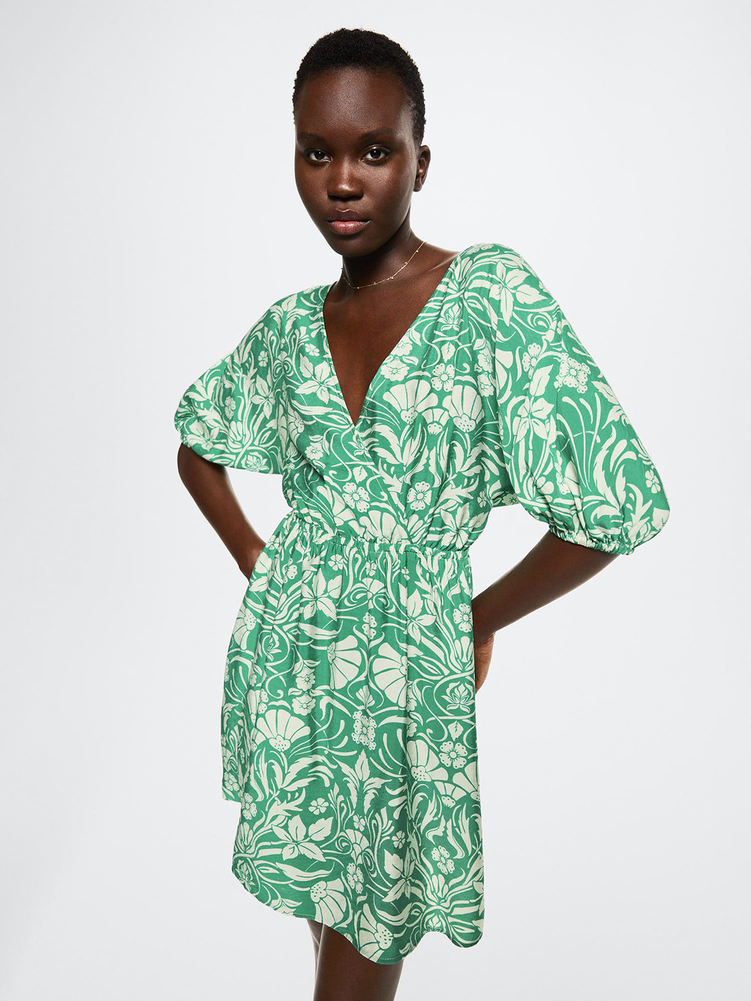 

MANGO Green & Off White Floral Print Wrap Dress