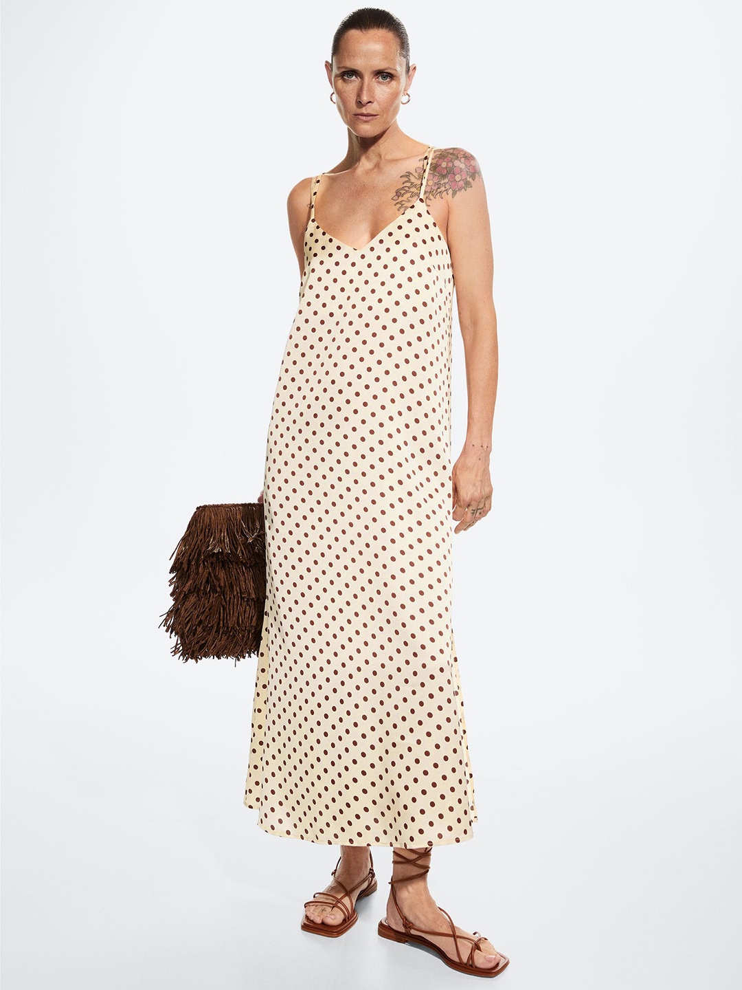 

MANGO Cream-Coloured & Brown Polka Dots Maxi Dress