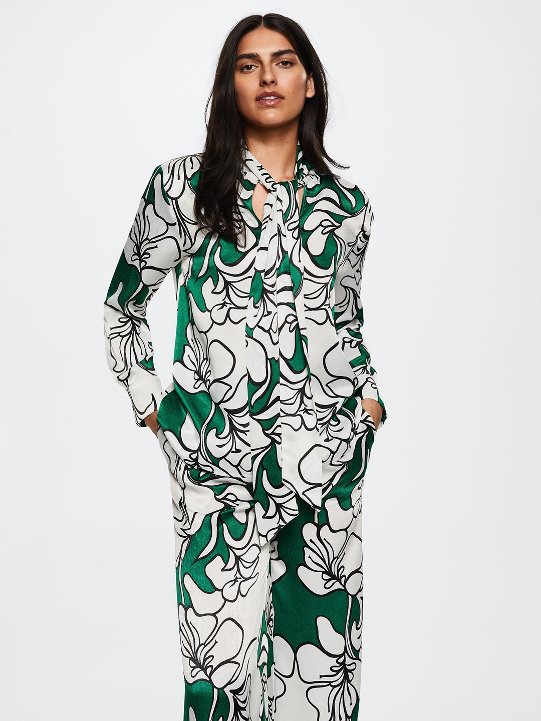 

MANGO White & Green Floral Print Tie-Up Neck Top