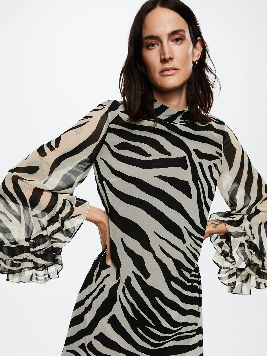 

MANGO Black & White Animal Striped Sheath Dress