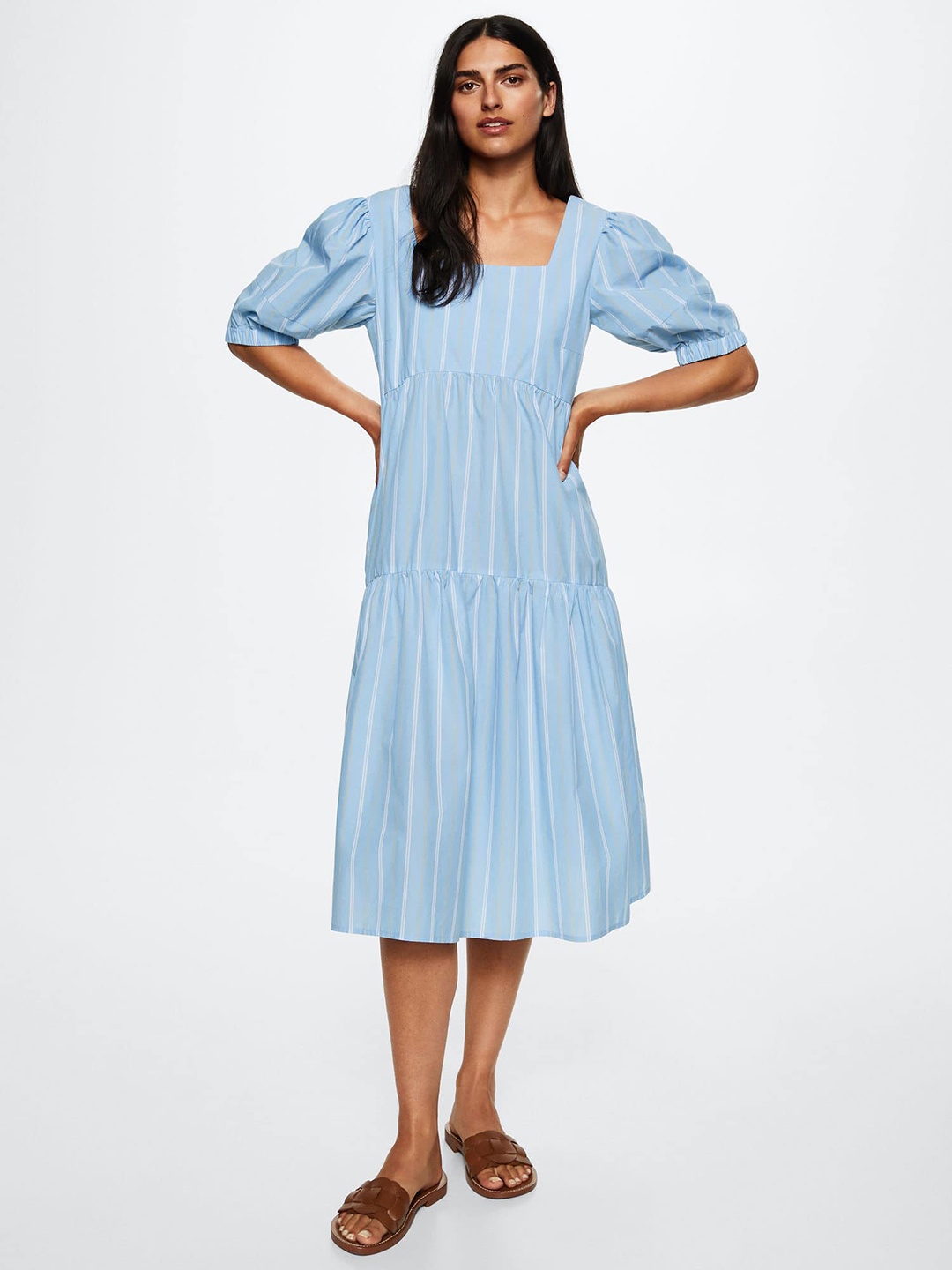 

MANGO Blue & White Sustainable Striped Pure Cotton Tiered A-Line Midi Dress