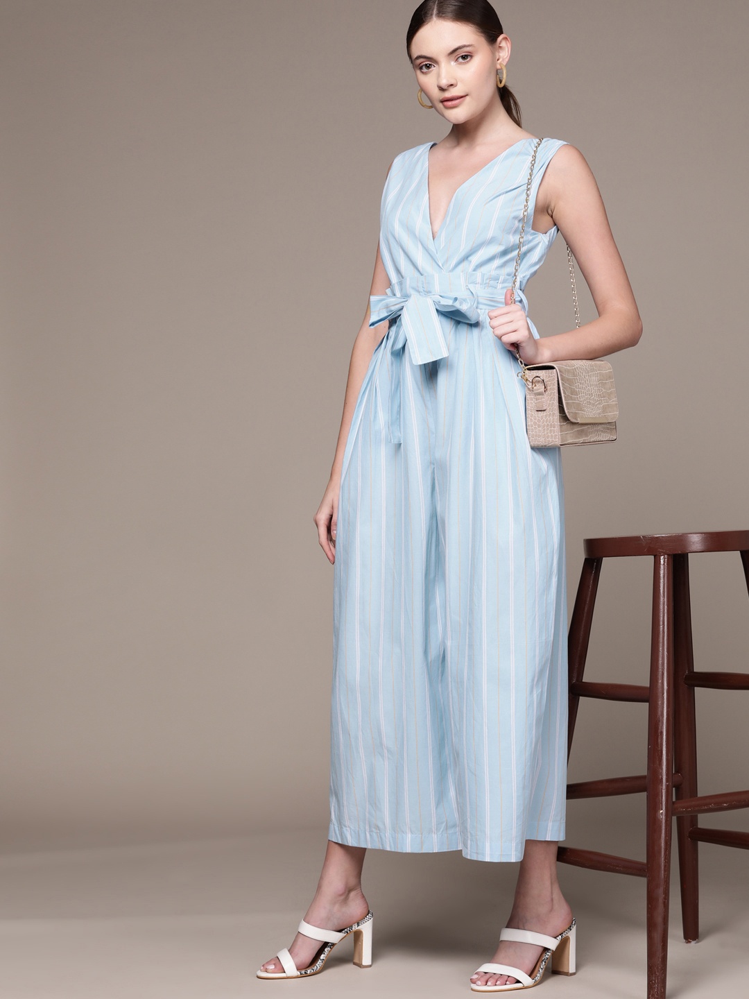 

MANGO Women Blue & White Striped Pure Cotton Basic Jumpsuit with Belt