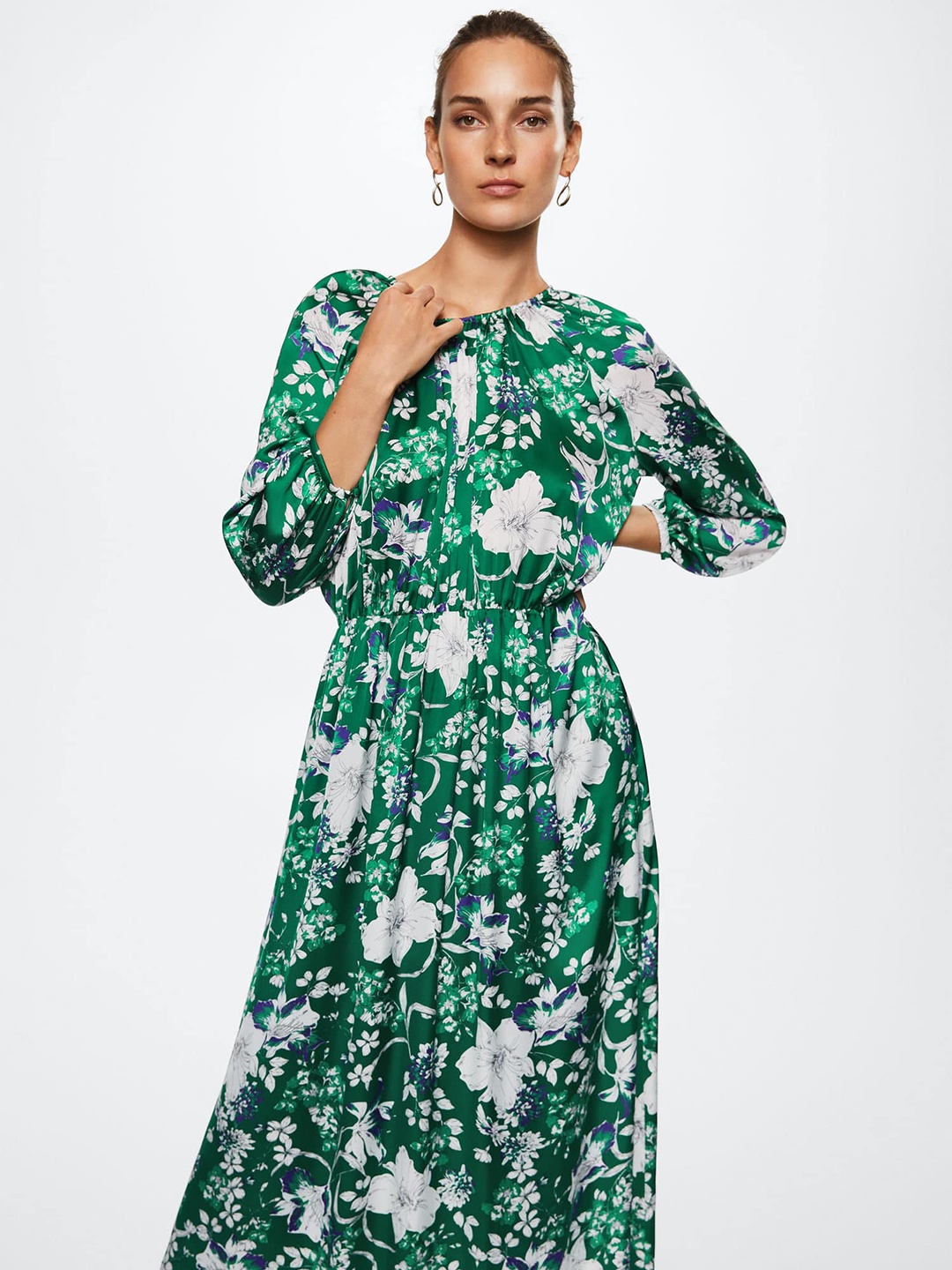 

MANGO Green & White Floral Printed A-Line Maxi Dress