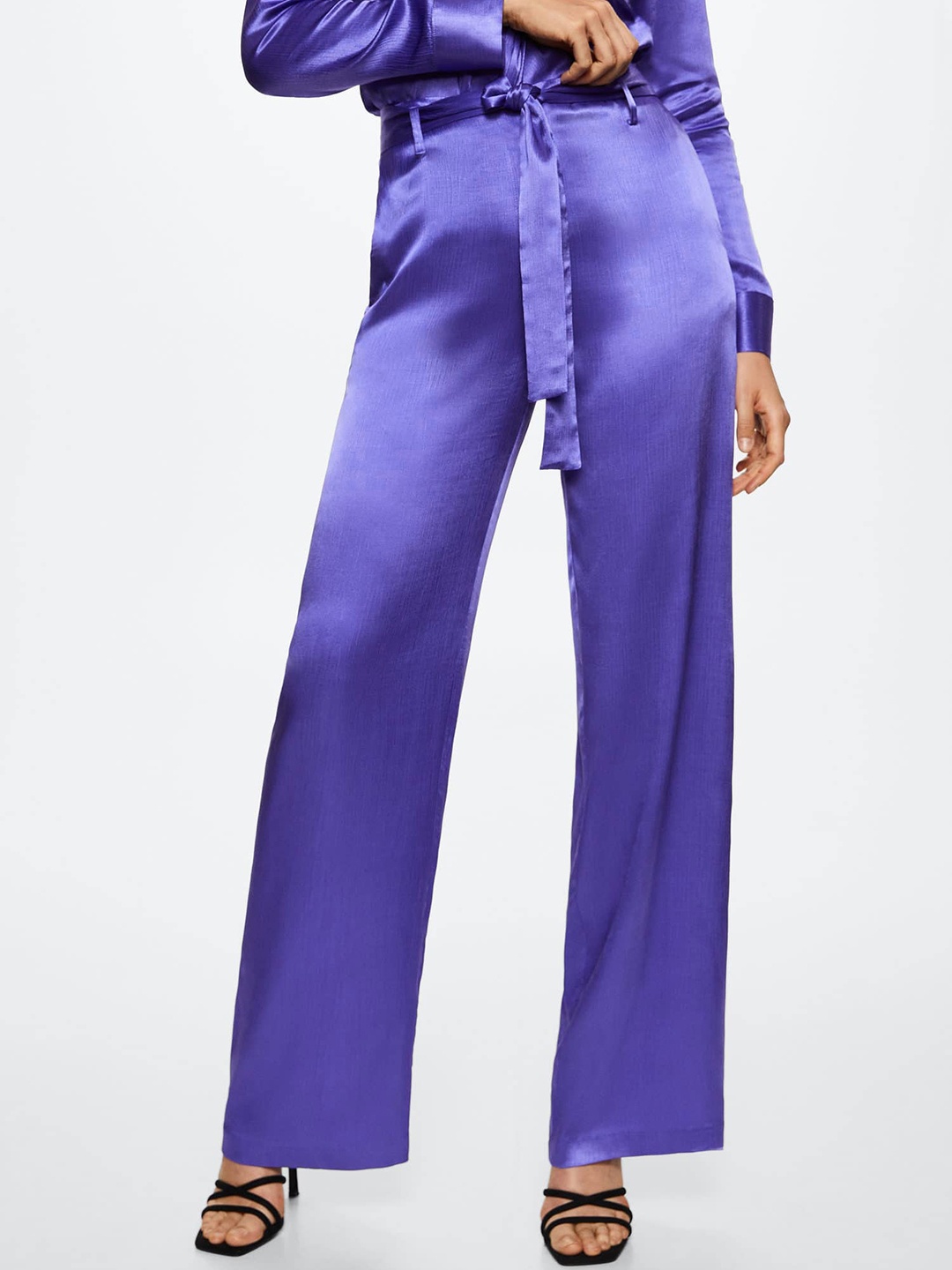 

MANGO Women Purple Stain Finish High-Rise Trousers with Belt