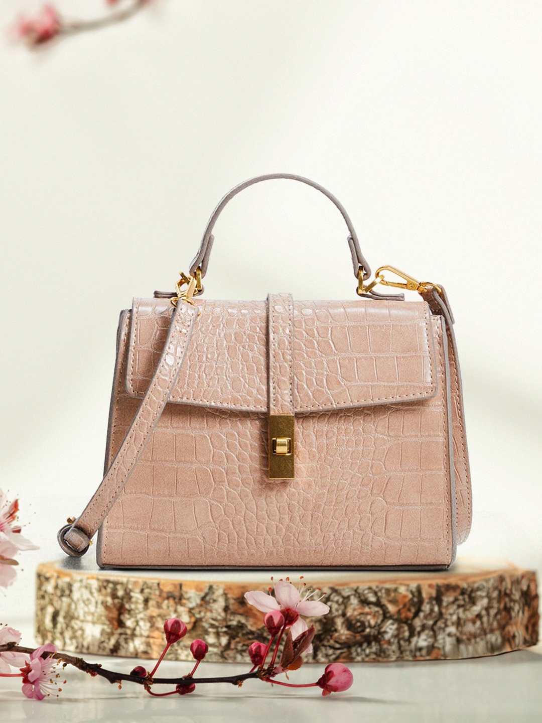 

MANGO Beige Croc Textured Structured Satchel with Detachable Sling Strap