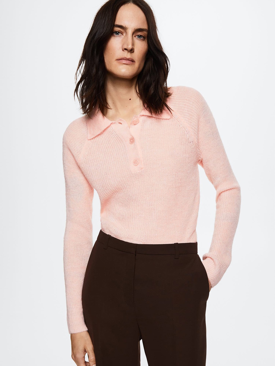 

MANGO Women Pink Solid Polo Collar Pullover