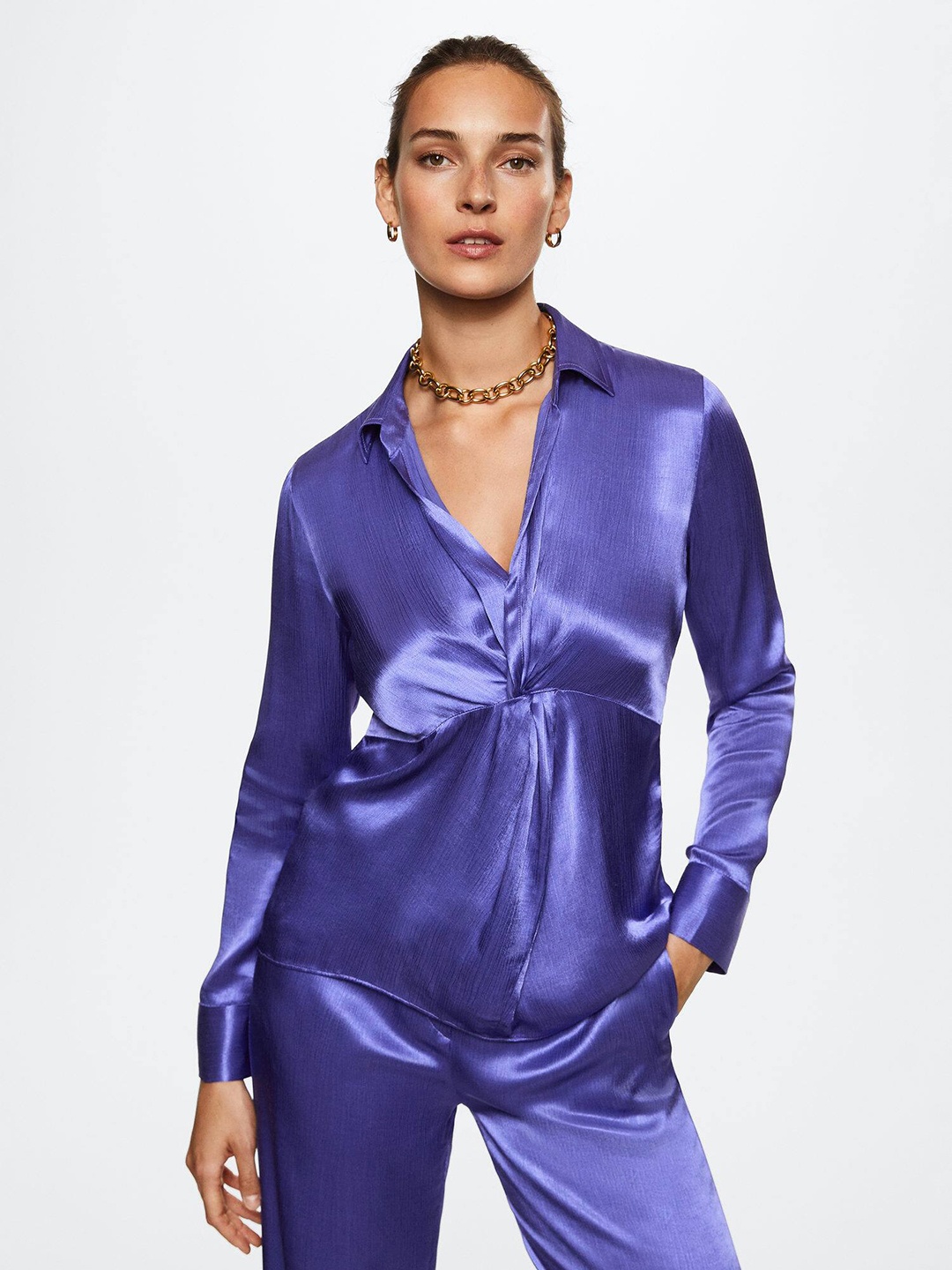 

MANGO Blue Solid Satin Finish Twisted Shirt Style Top