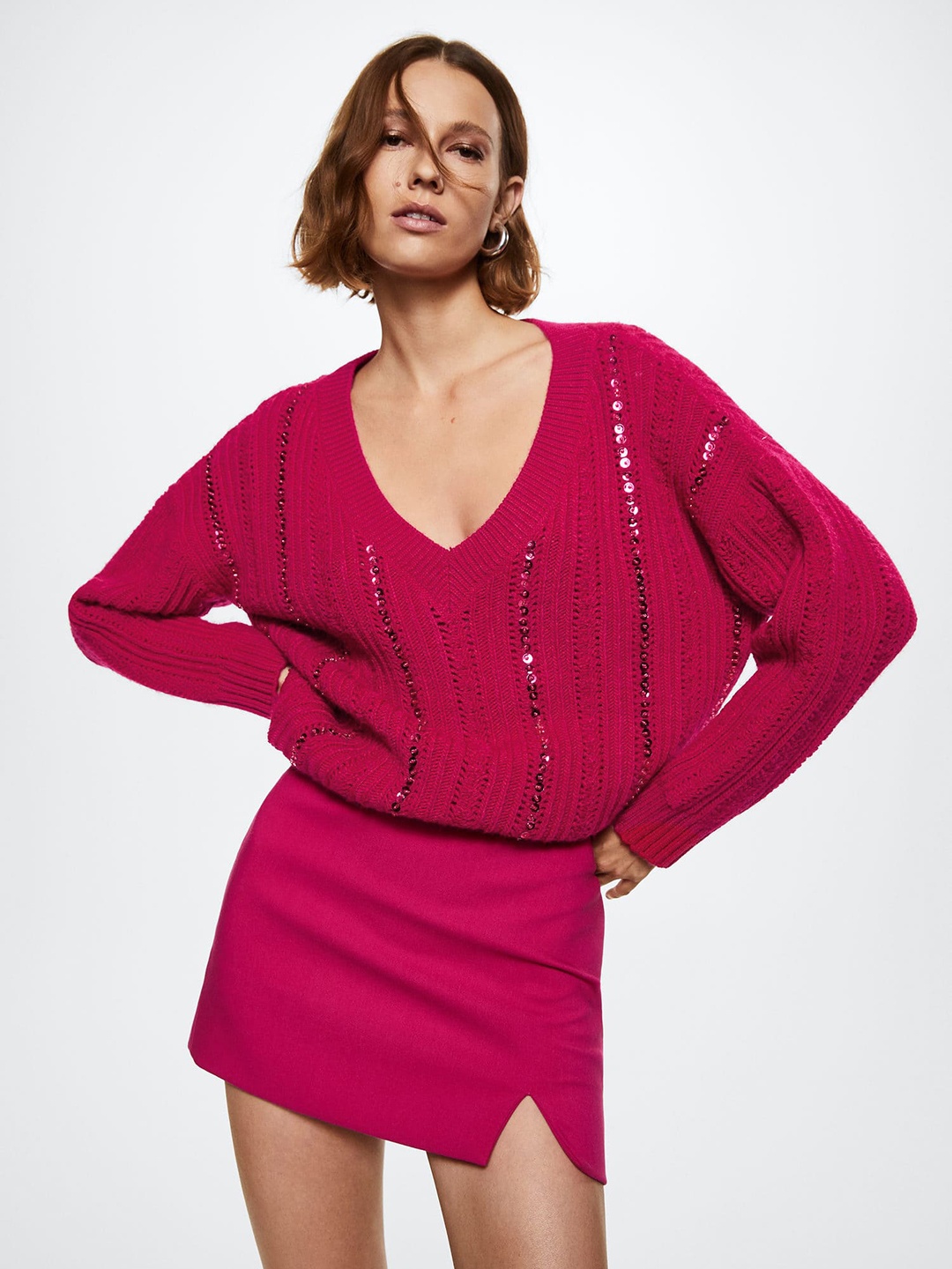 

MANGO Women Magenta Sustainable Oversized Fit V-Neck Paillette Pullover