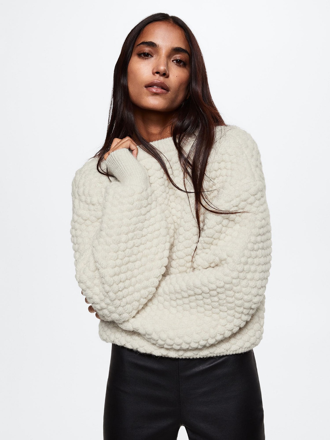 

MANGO Women Off White Self-Design Pullover