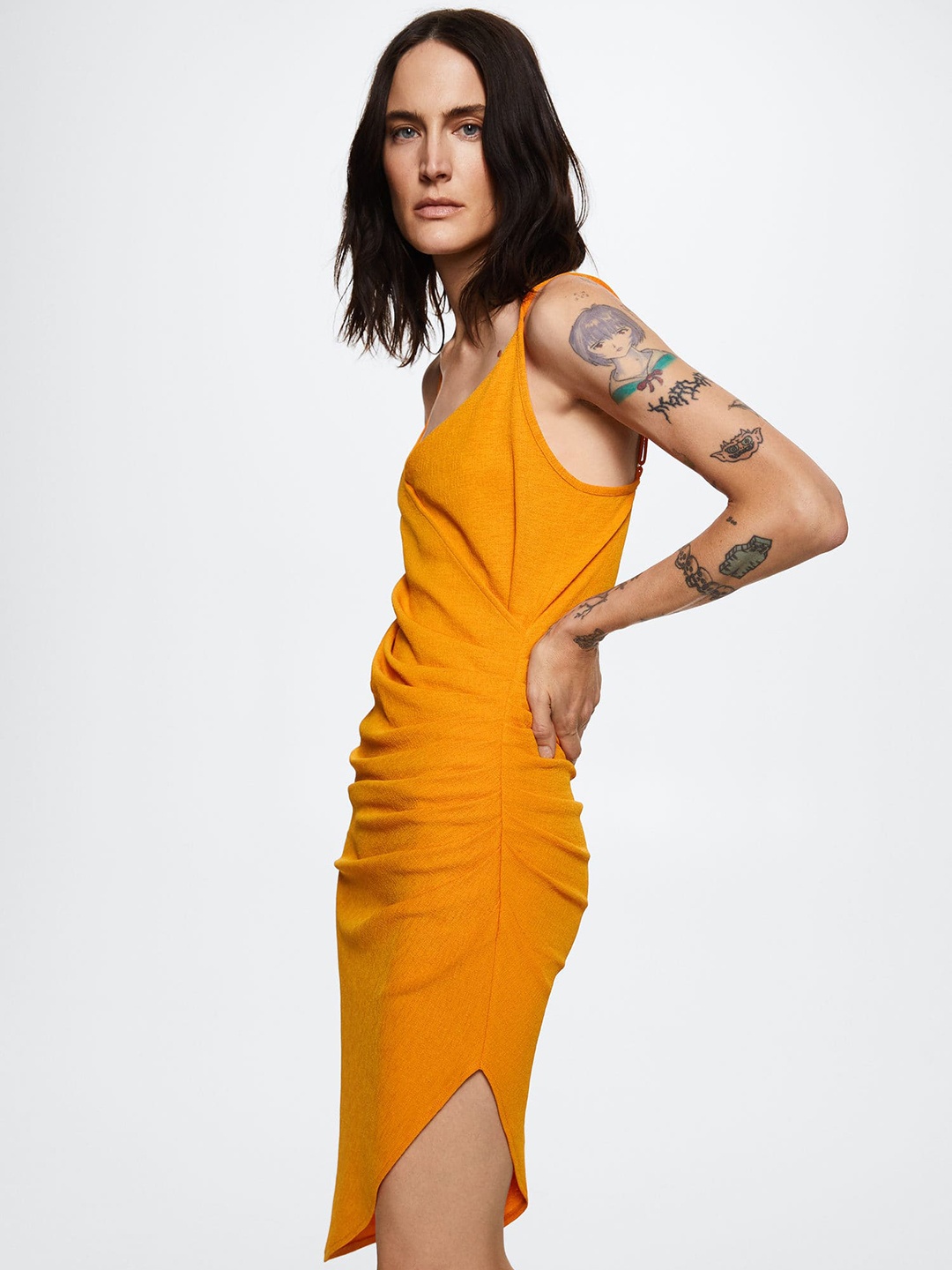 

MANGO Orange Solid Wrap Ruched Dress