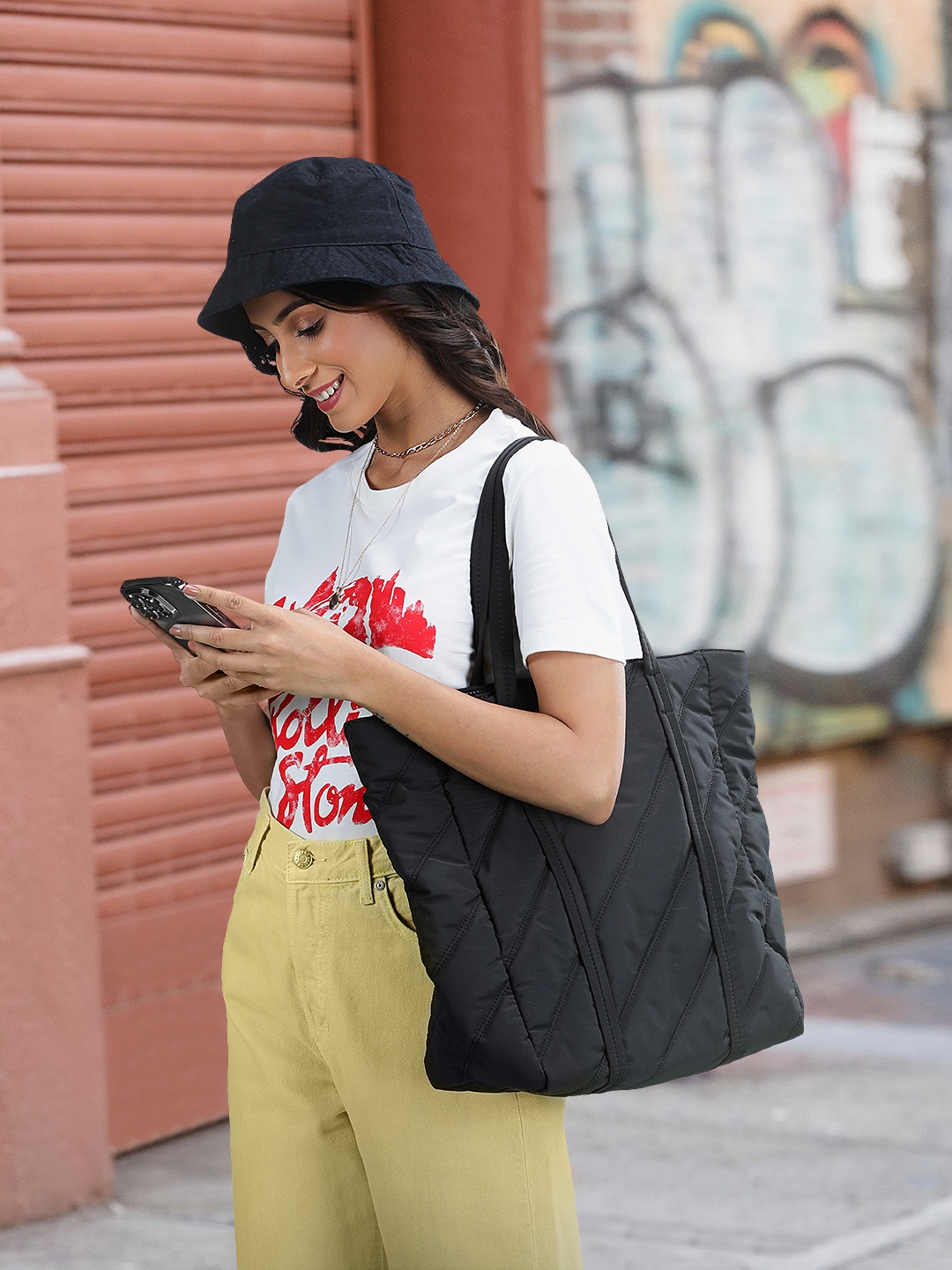 

MANGO Black Solid Shopper Sustainable Shoulder Bag with Quilted Detail