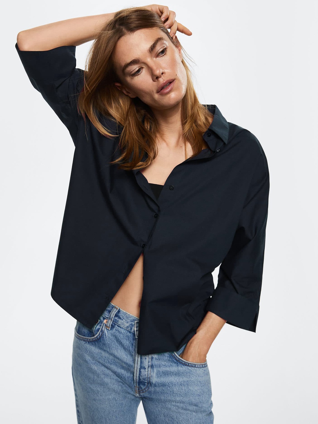 

MANGO Women Navy Blue Sustainable Cotton Oversized Solid Casual Shirt