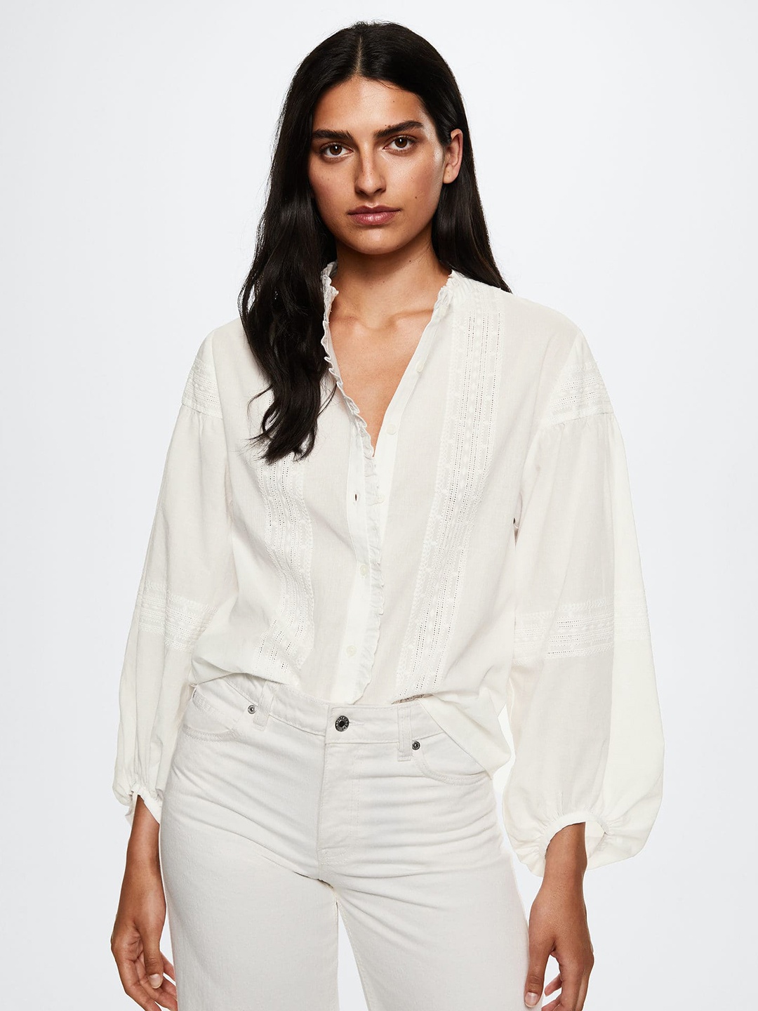 

MANGO Women White Sustainable Pure Cotton Lace Insert Casual Shirt