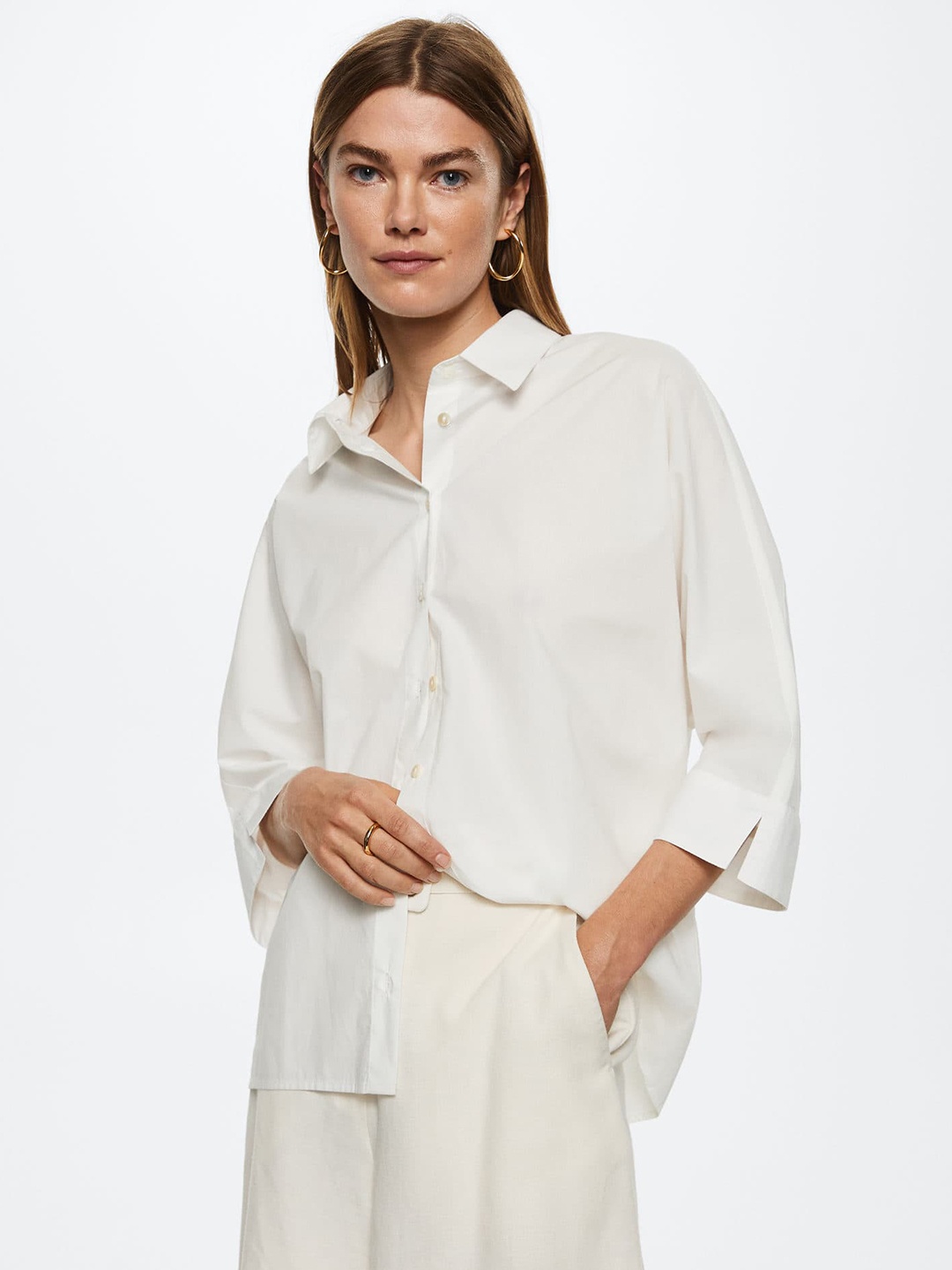

MANGO Women White Pure Cotton Solid Oversized Casual Shirt