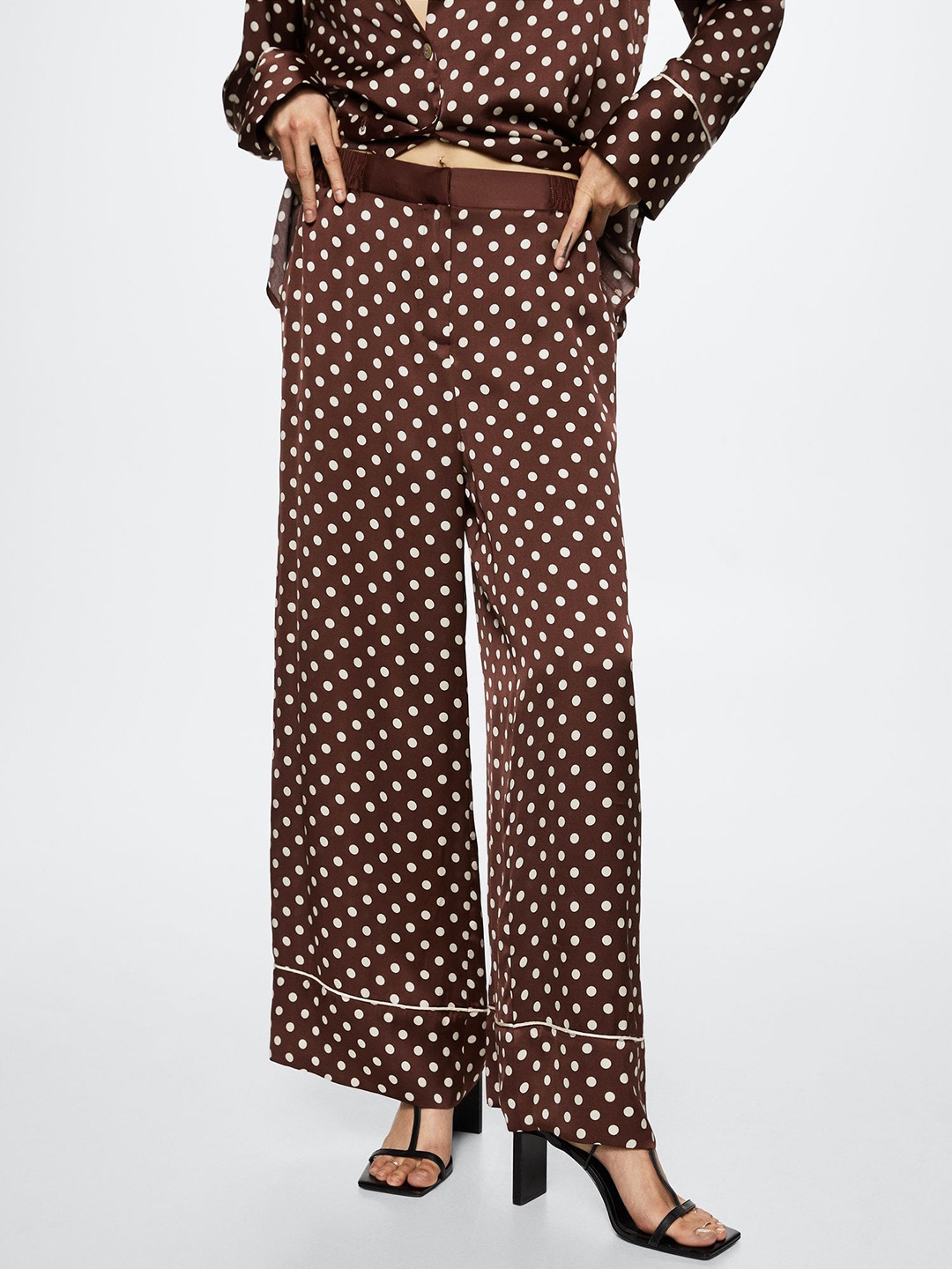 

MANGO Women Brown & White Polka Dots Printed Trousers