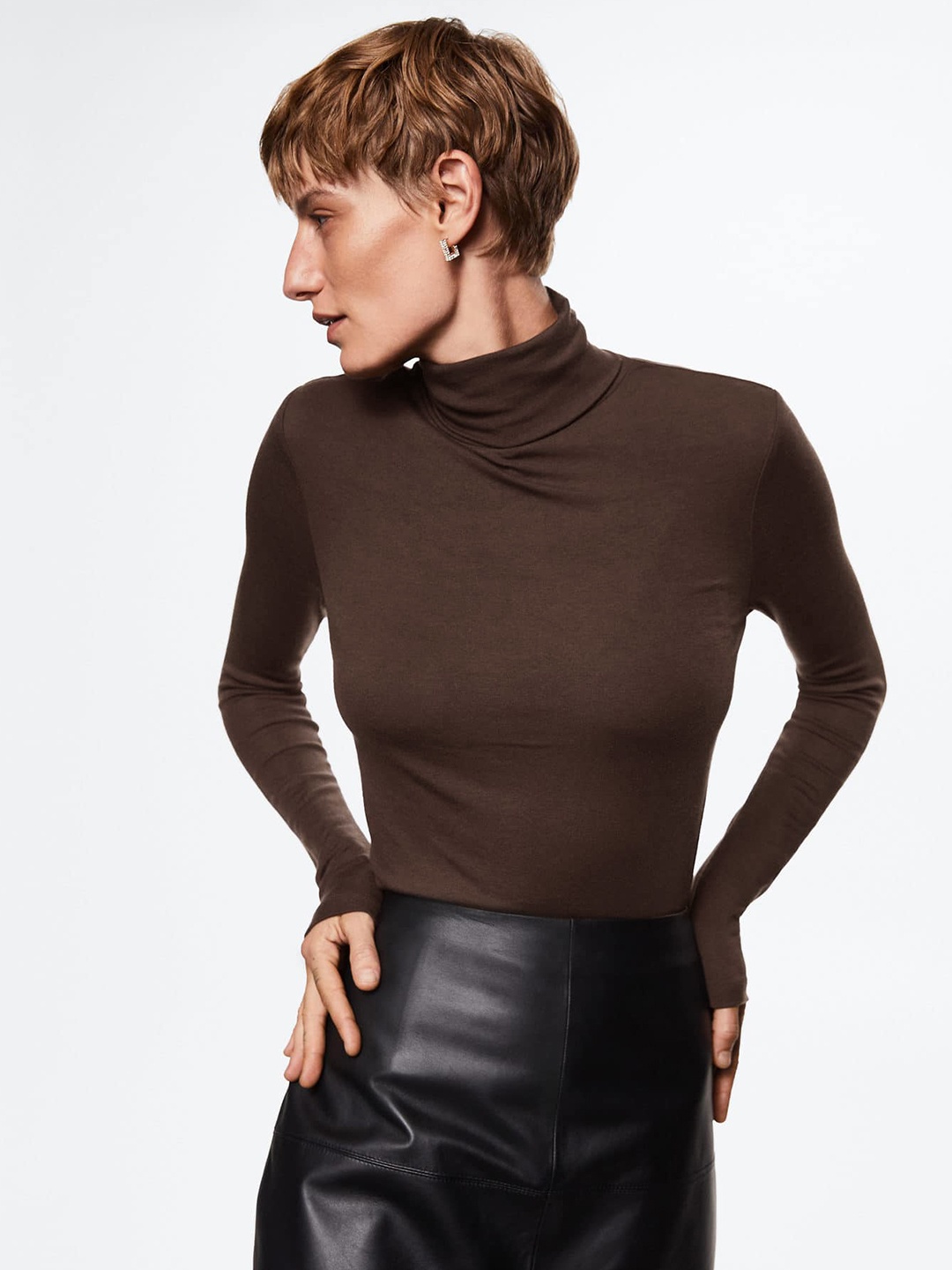 

MANGO Women Coffee Brown Turtle Neck T-shirt