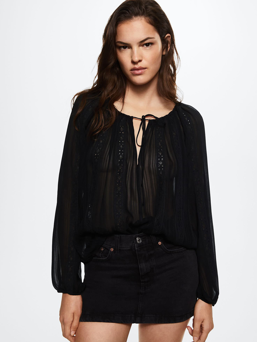 

MANGO Black Sustainable Sheer Tie-Up Neck Top