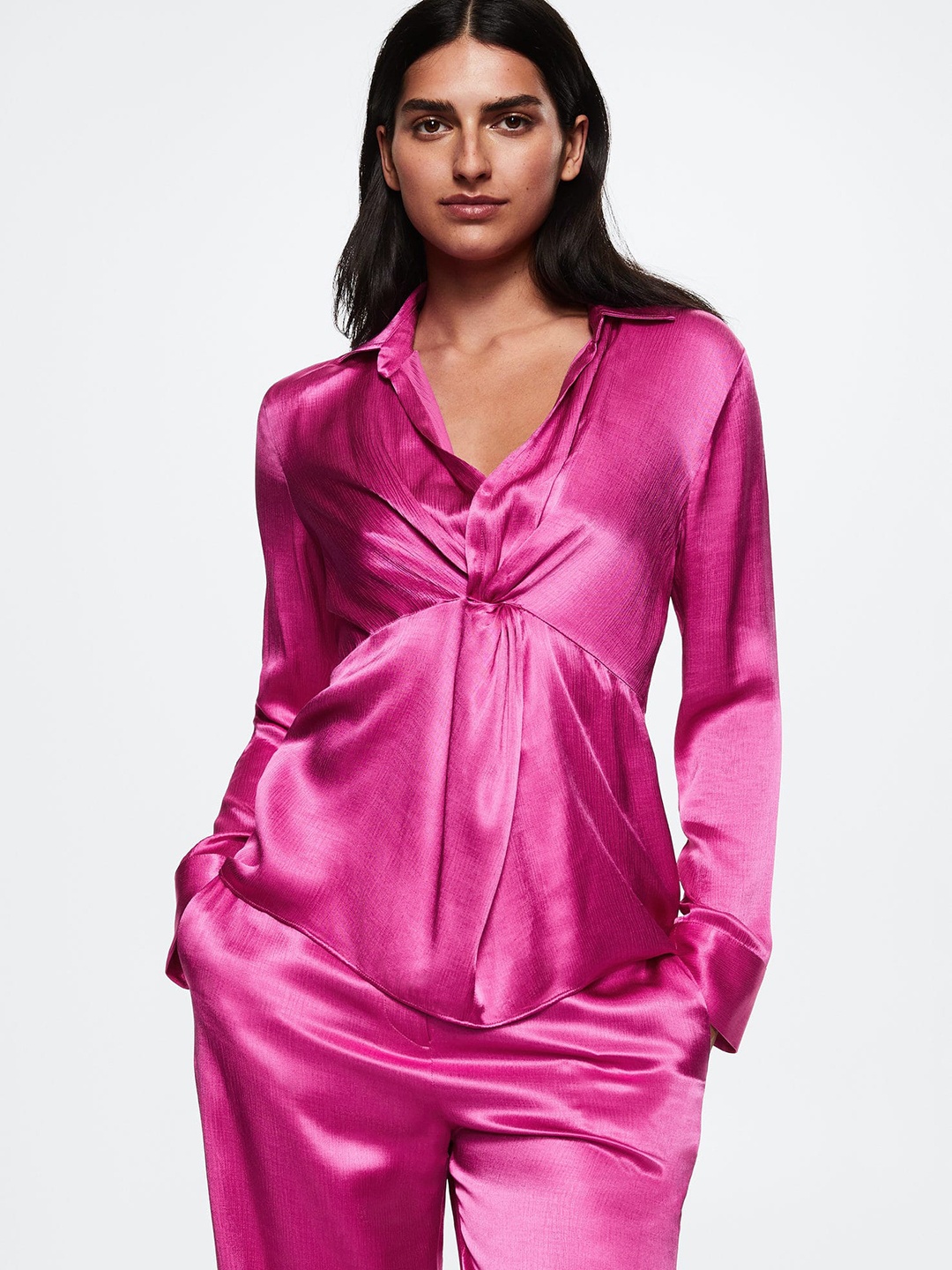 

MANGO Pink Solid Satin Finish Twisted Shirt Style Top