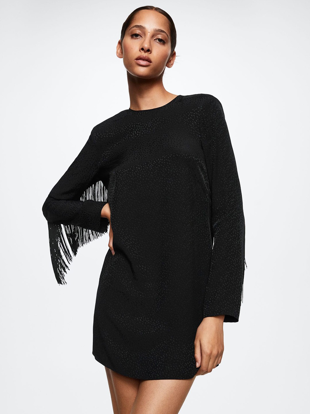 

MANGO Black Solid A-Line Fringed Detail Mini Dress
