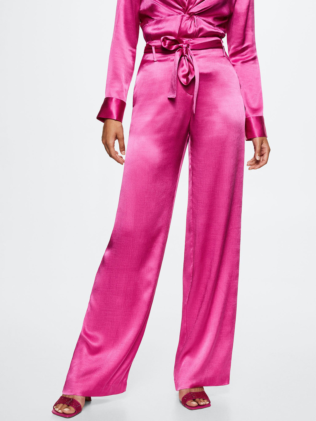 

MANGO Women Pink Stain Finish High-Rise Trousers with Belt