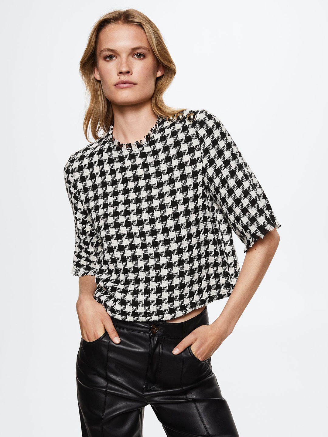 

MANGO Women Black & White Houndstooth Checked Monochrome Sustainable Top