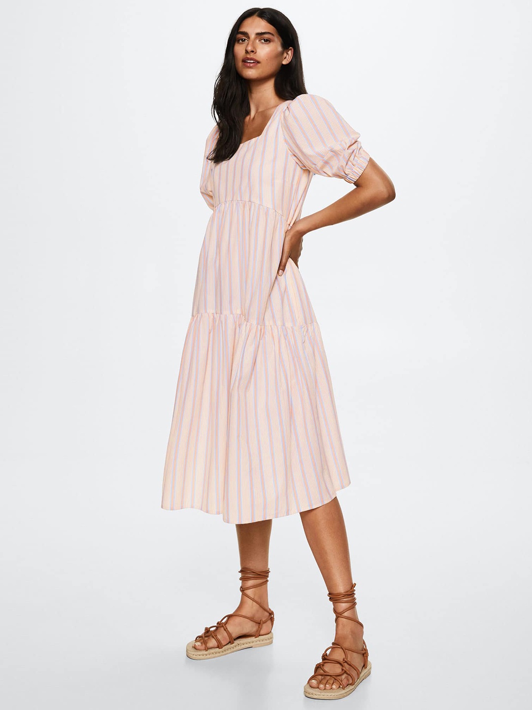 

MANGO Peach-Coloured & Blue Sustainable Striped Pure Cotton Tiered A-Line Midi Dress