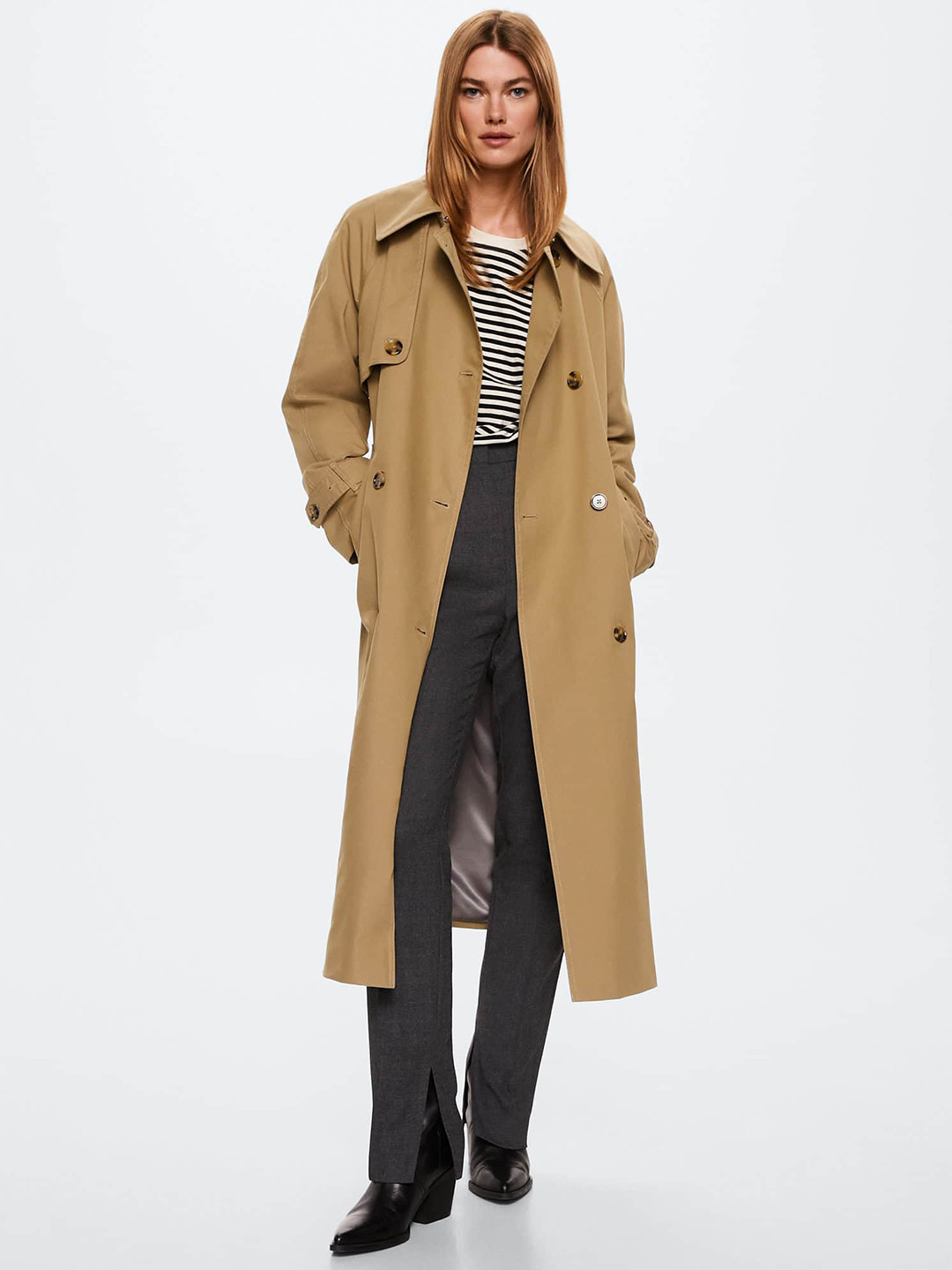 

MANGO Women Khaki Solid Double-Breasted Trench Coat