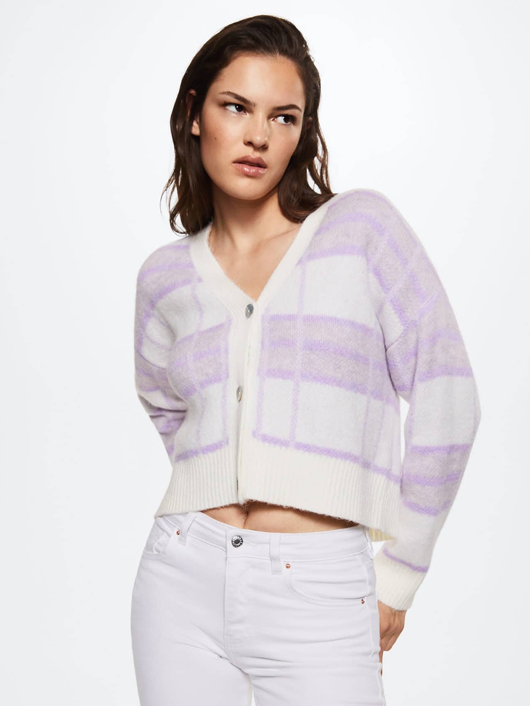 

MANGO Women Lavender & White Colourblocked Cardigan