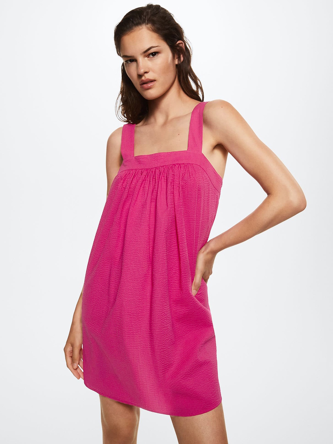 

MANGO Magenta Sustainable Pure Cotton Solid A-Line Dress