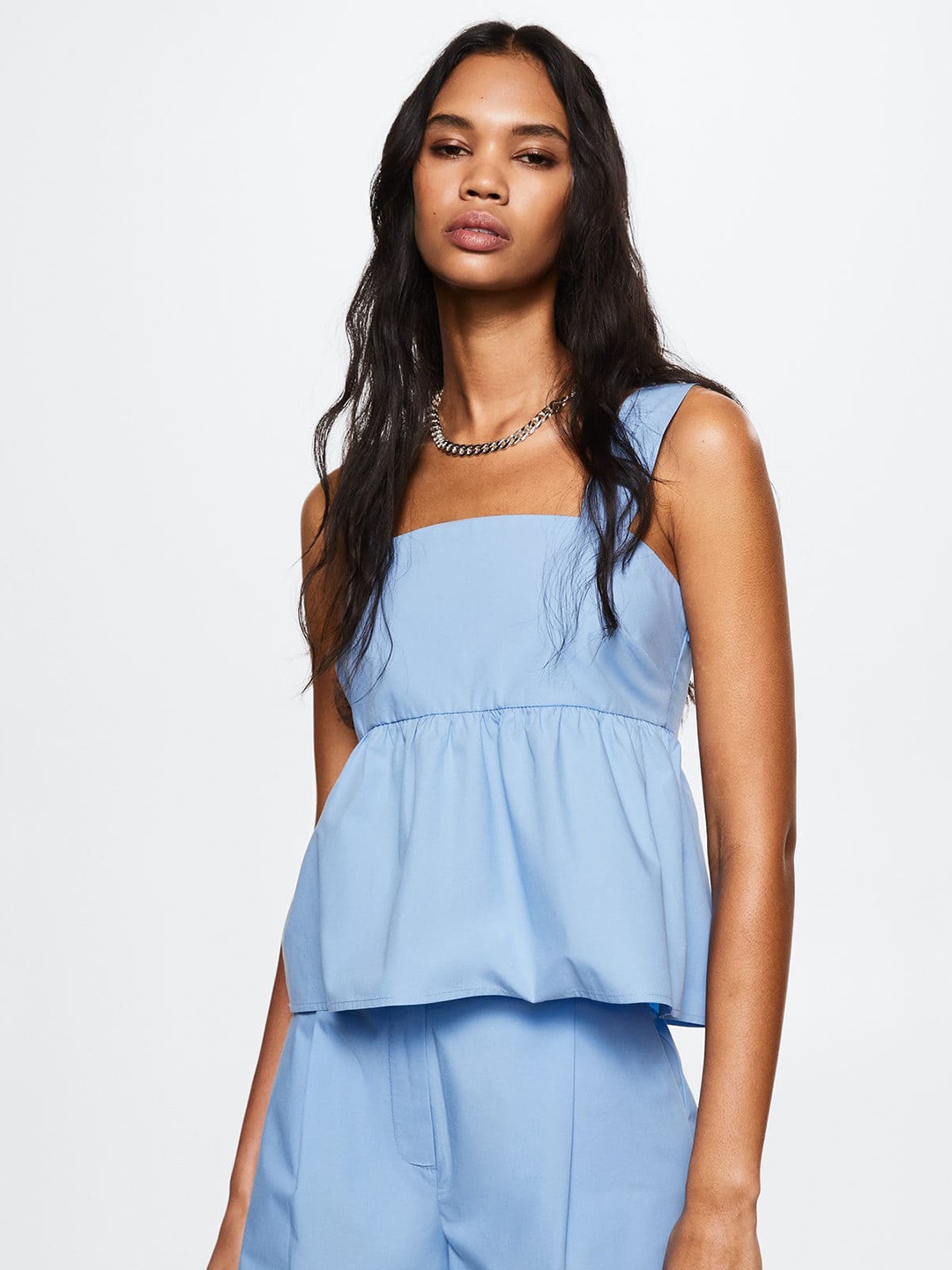 

MANGO Women Blue Solid Pure Cotton Peplum Top