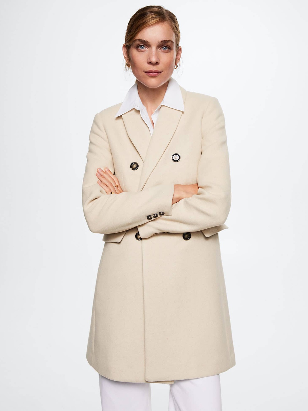 

MANGO Women Beige Solid Longline Double-Breasted Overcoat