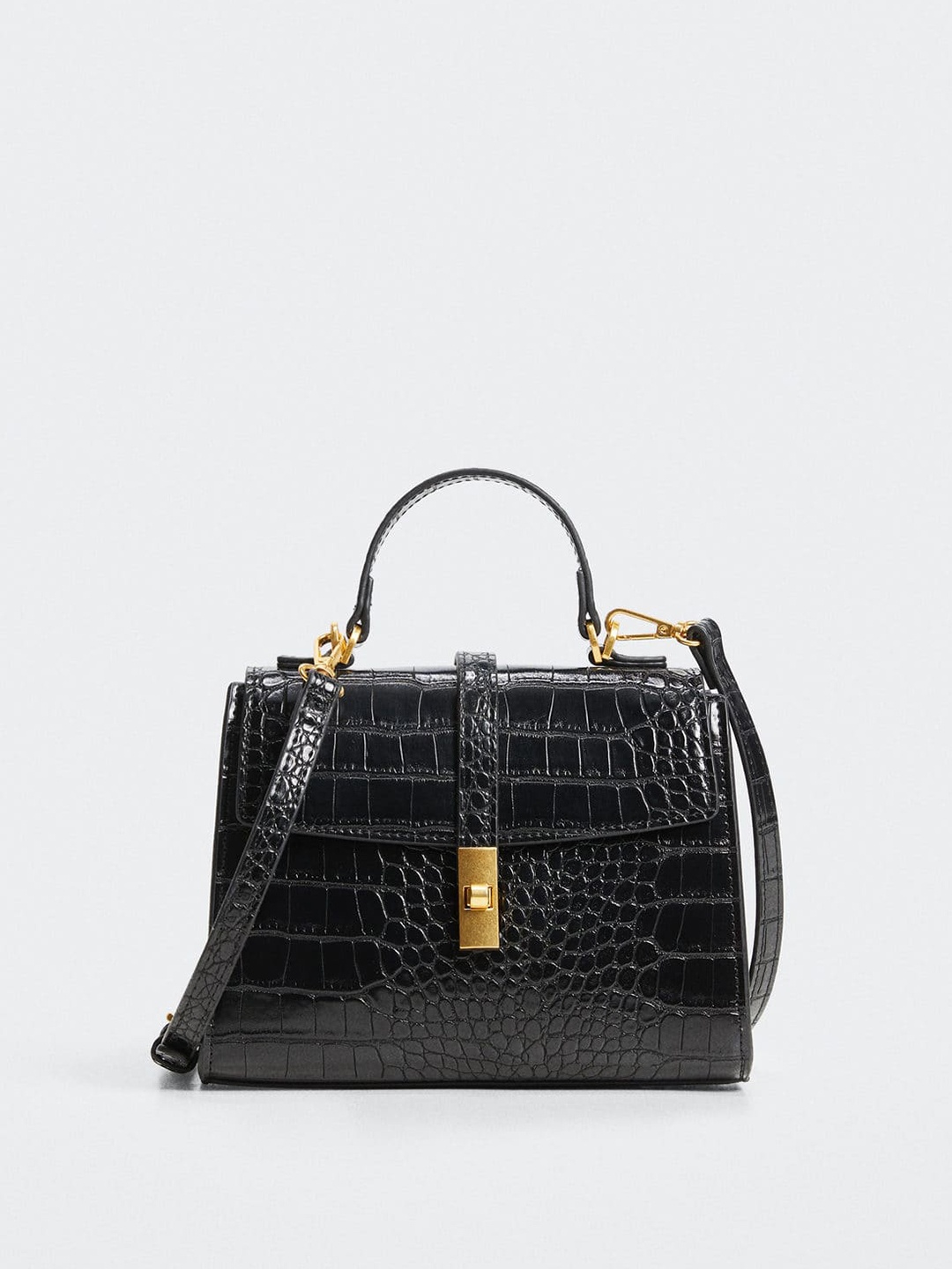 

MANGO Black Croc Textured Structured Satchel