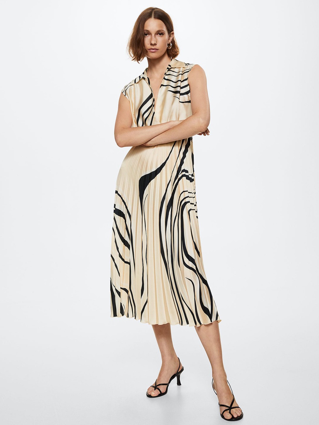

MANGO Beige & Black Abstract Print Accordion Pleated A-Line Midi Dress
