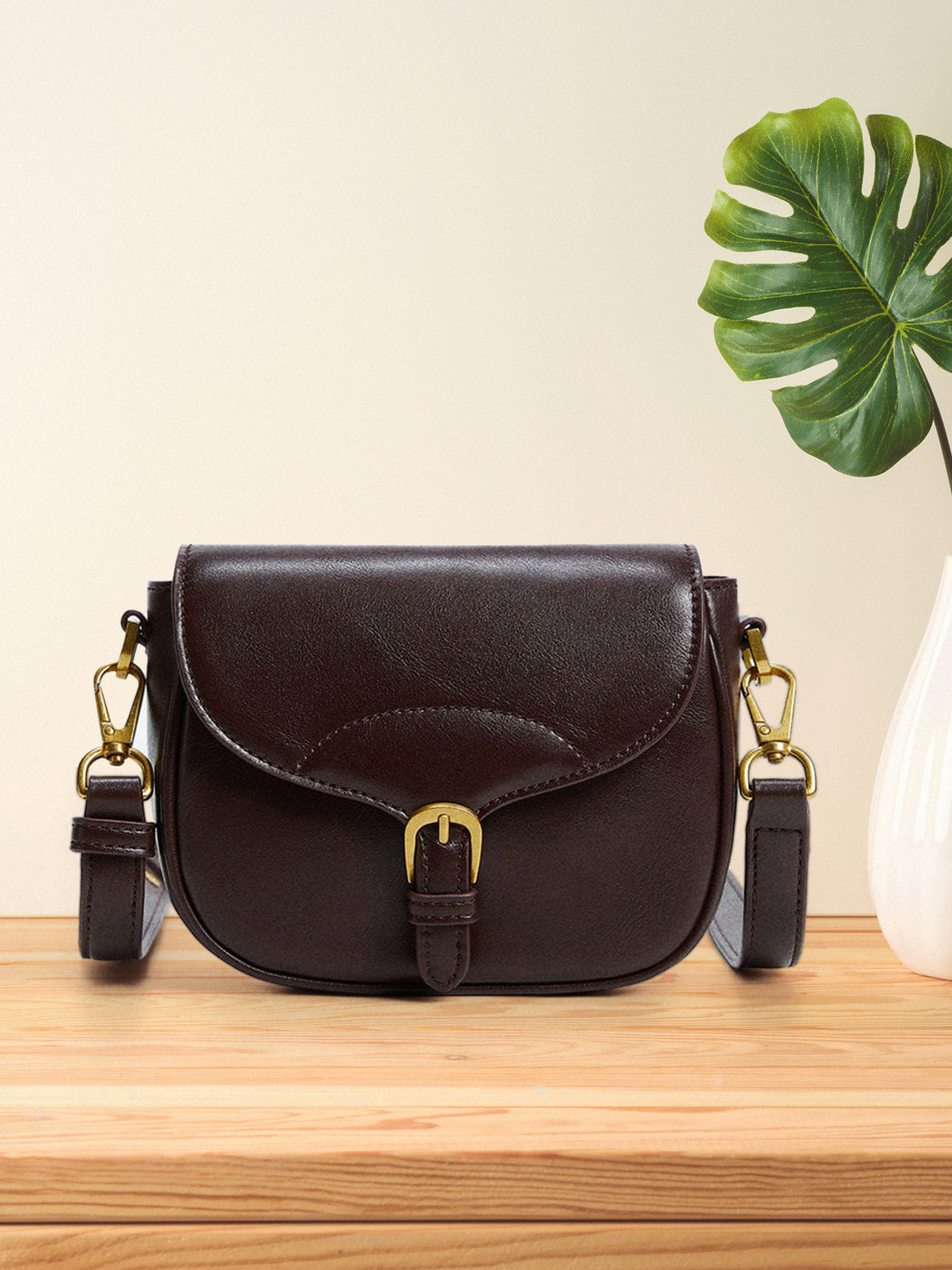 

MANGO Coffee Brown Solid Structured Sling Bag