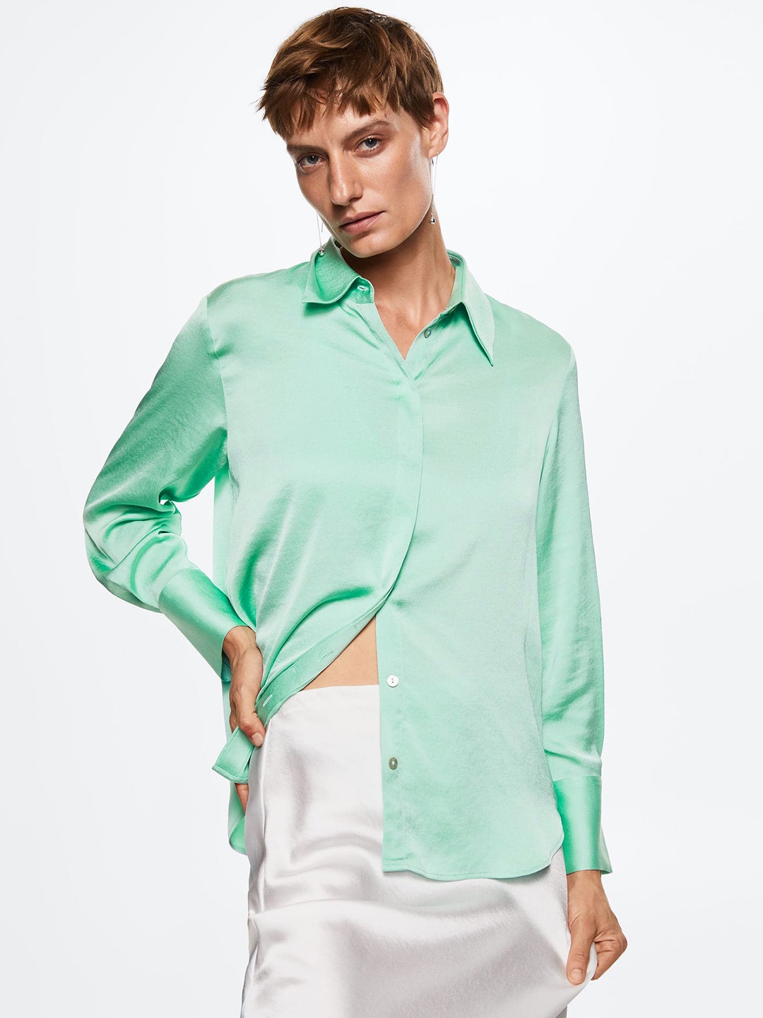 

MANGO Women Green Sustainable Satin Finish Shirt