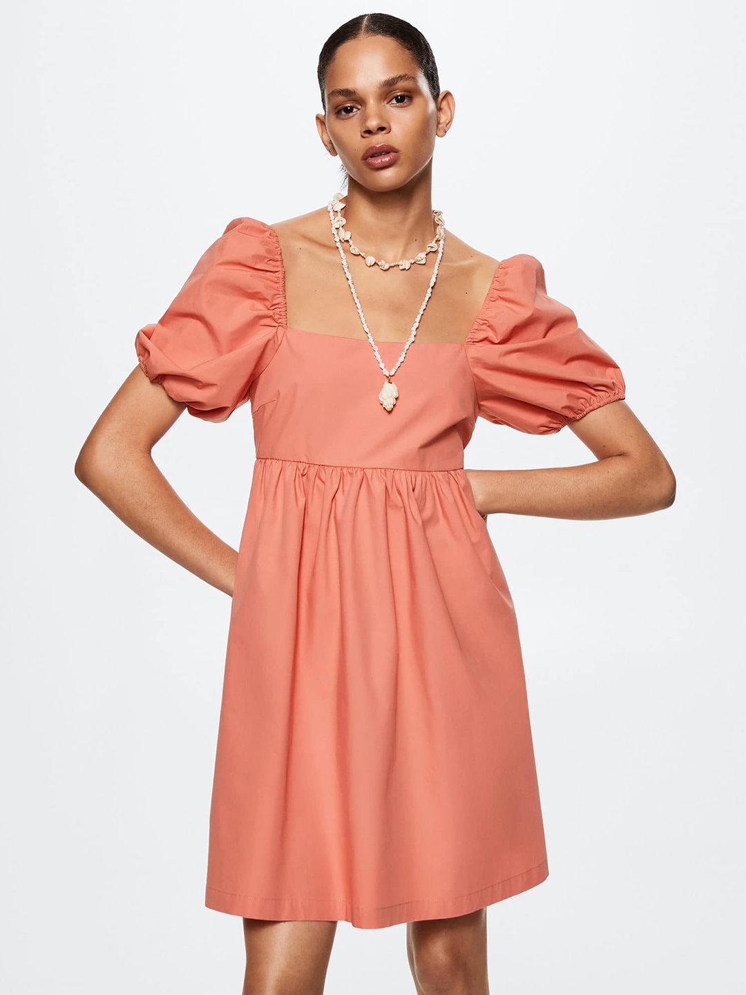 

MANGO Peach-Coloured Solid Pure Cotton A-Line Mini Dress