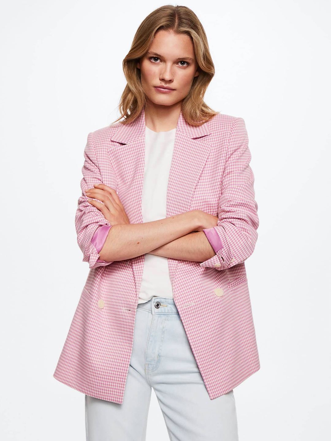 

MANGO Women Pink Solid Double-Breasted Regular Fit Blazer