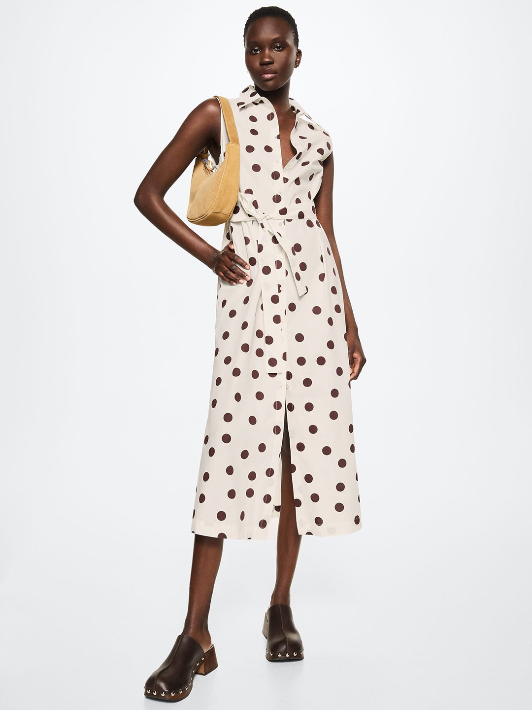 

MANGO Off White & Brown Sustainable Cotton Polka Dots Print Shirt Midi Dress with Belt