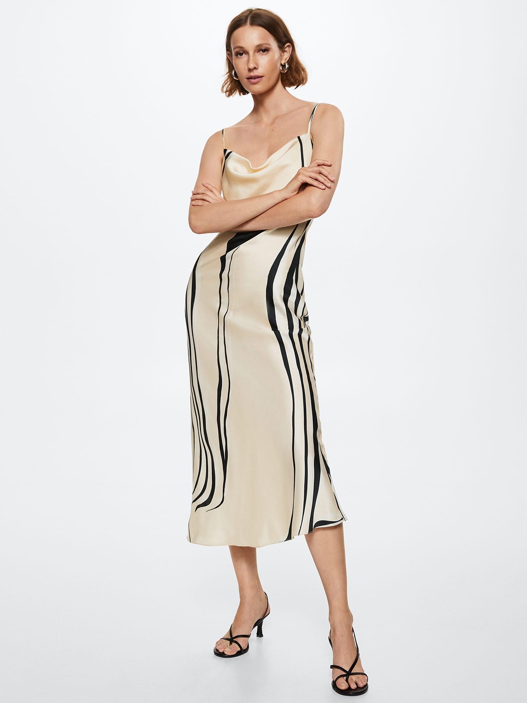 

MANGO Cream-Coloured & Black Cowl Neck Sheath Midi Dress