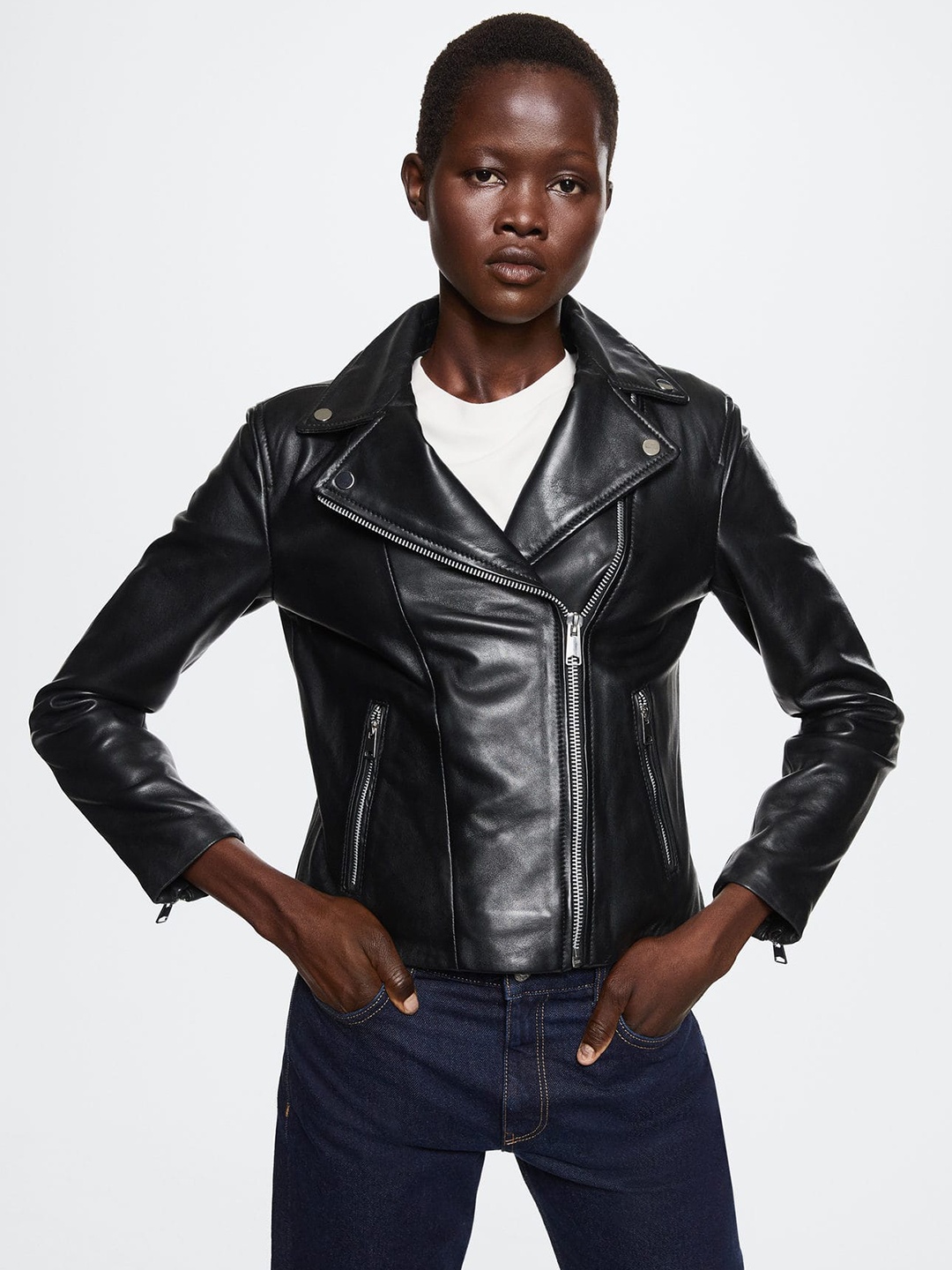 

MANGO Women Black Leather Biker Jacket