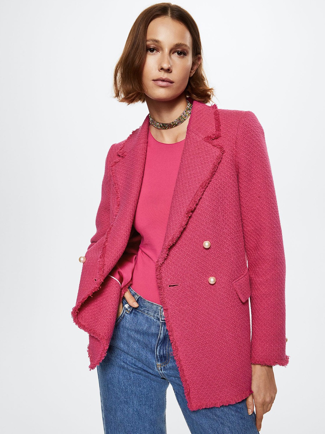 

MANGO Women Pink Tweed Double-Breasted Blazer