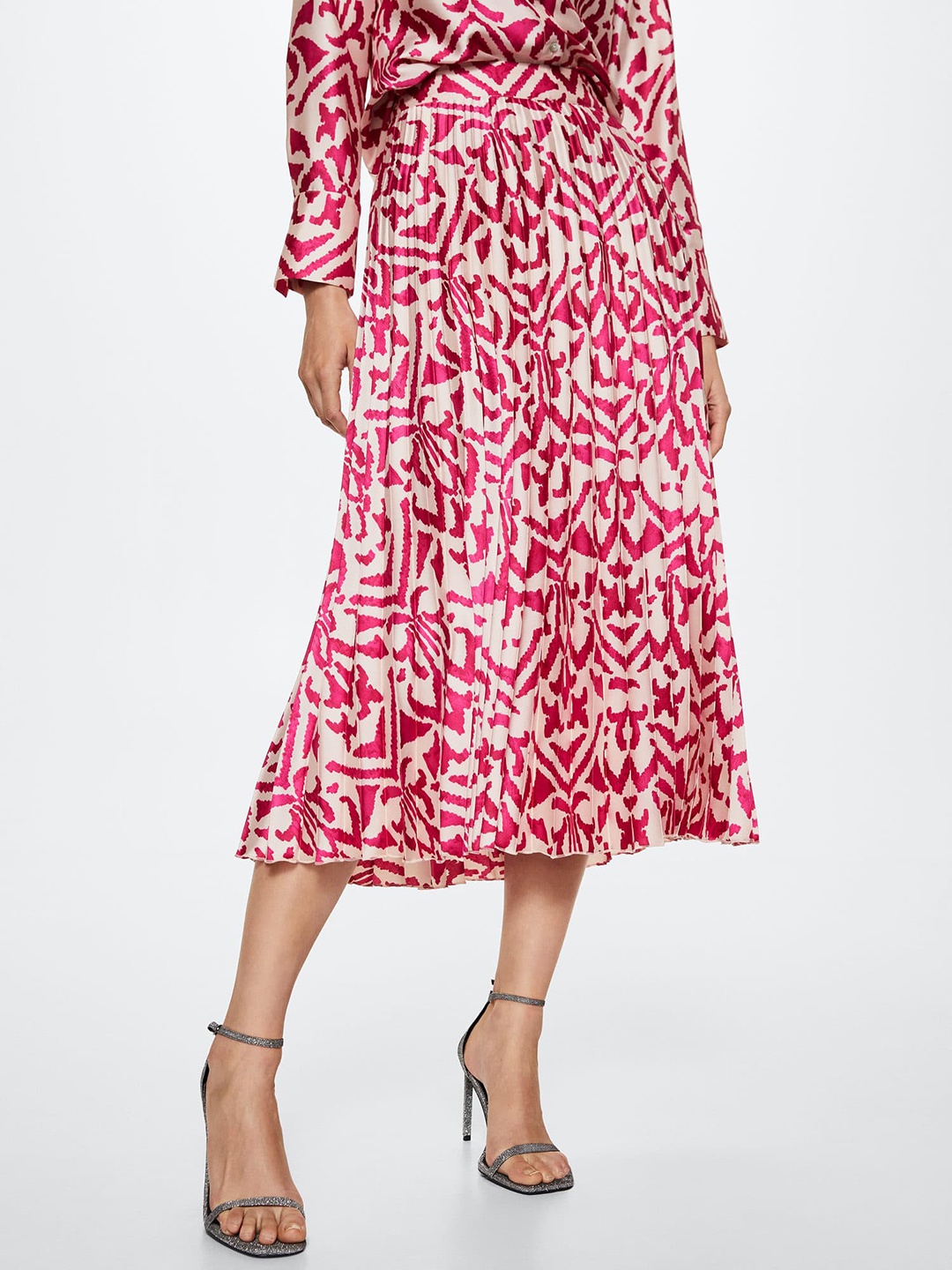 

MANGO Women Pink & Cream-Coloured Accordian Pleated Abstract Printed A-line Skirt