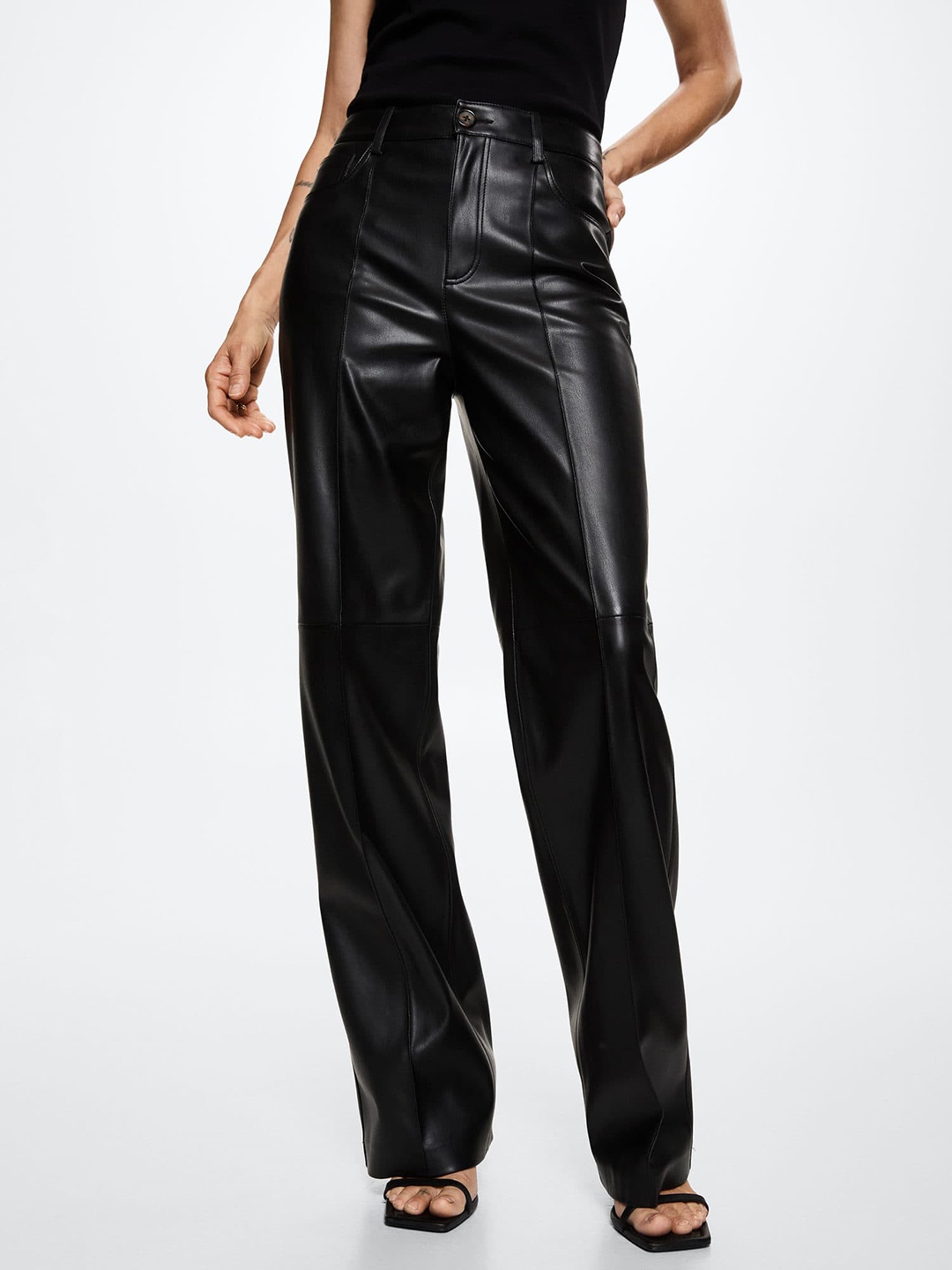 

MANGO Women Black RegularFaux Leather High-Rise Parallel Trousers