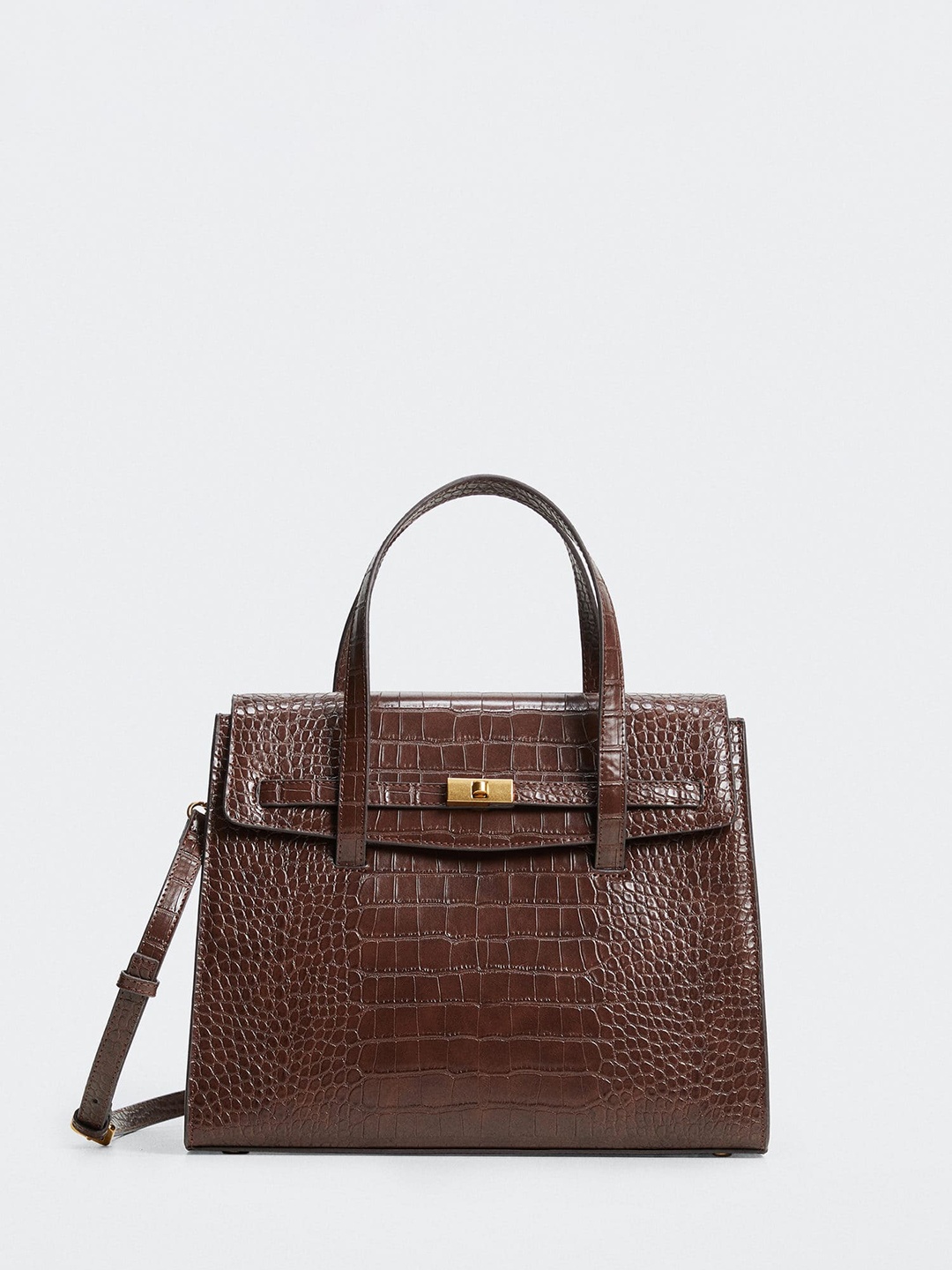 

MANGO Coffee Brown Croc Textured Structured Handheld Bag