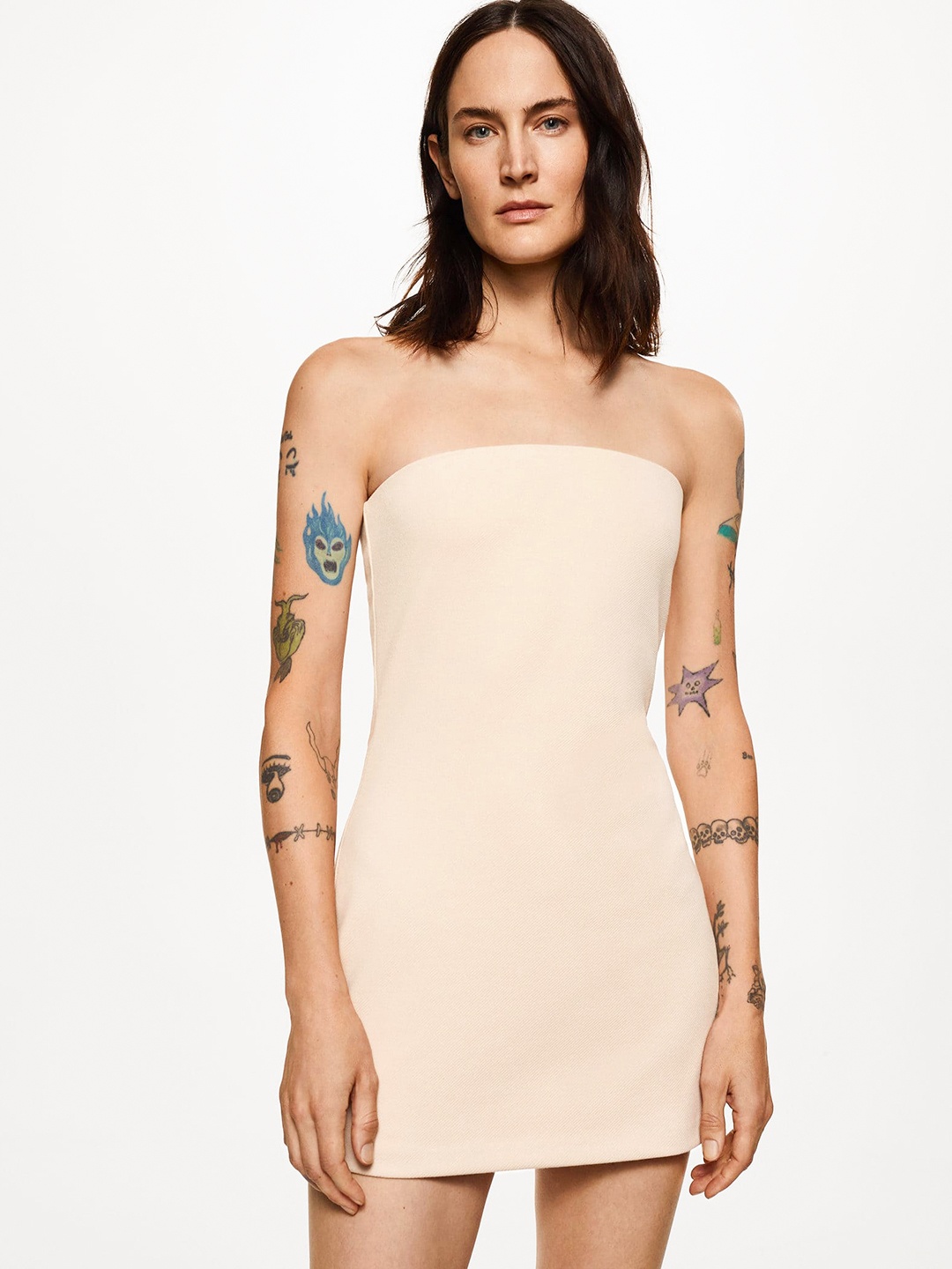 

MANGO Taupe Solid Sheath Mini Dress