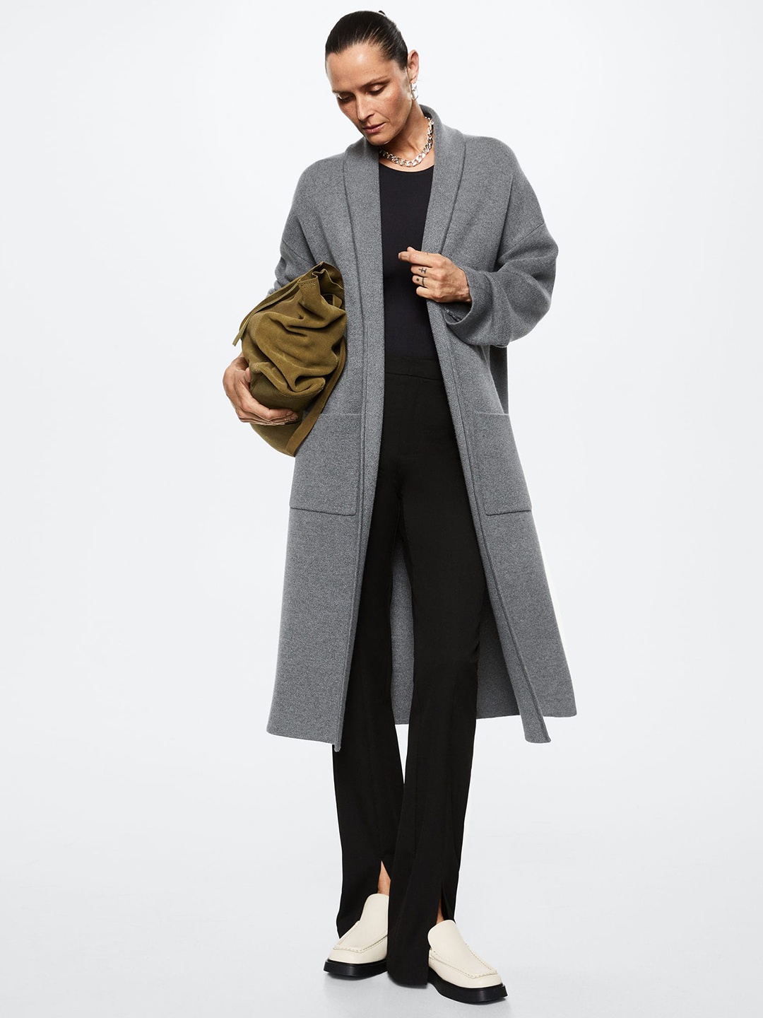 

MANGO Women Grey Solid Front-Open Oversized Knitted Longline Coat