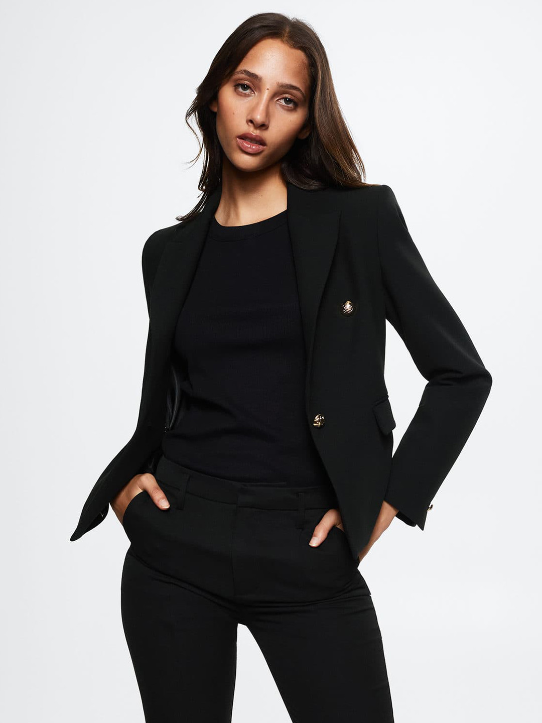 

MANGO Women Black Solid Double-Breasted Regular Fit Blazer